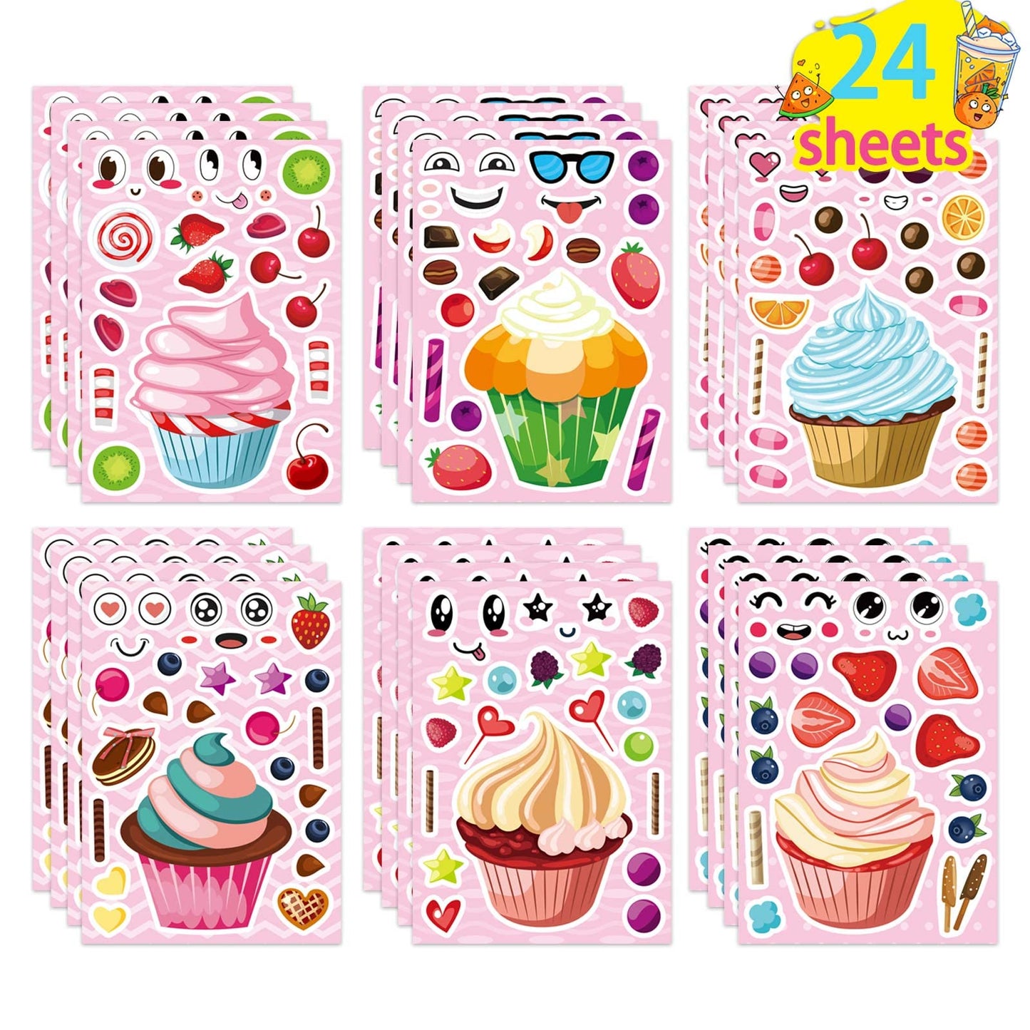 DUJAA 24 Sheets Make-a-face Cupcake Stickers – DIY Dessert Stickers for Kids and Party Favors