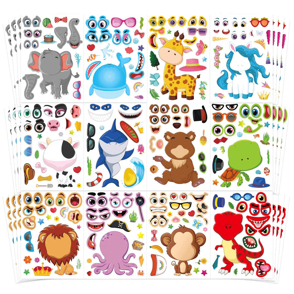 DUJAA 48 Sheets Make-a-Face Stickers for Kids – Mix & Match Animal Theme Party Favors