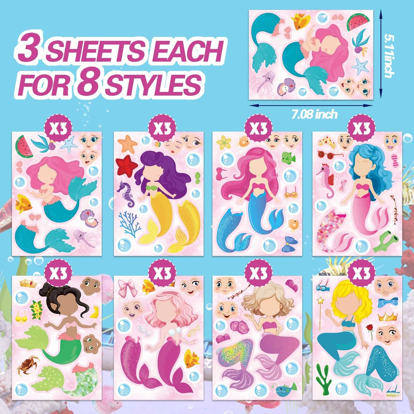 DUJAA 24 Sheets Mermaid Stickers – Make Your Own Stickers, Party Favors, Kids’ Art & Classroom Rewards