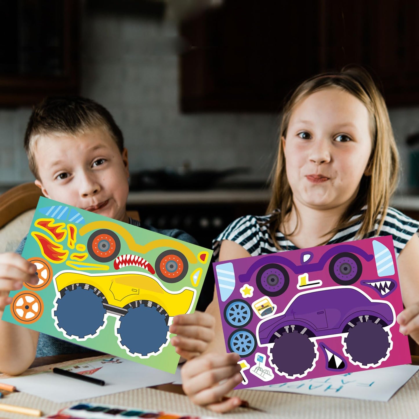 DUJAA 24 Sheets Monster Truck Sticker Set – Create Your Own Stickers for Kids, Parties, and Classroom Activities