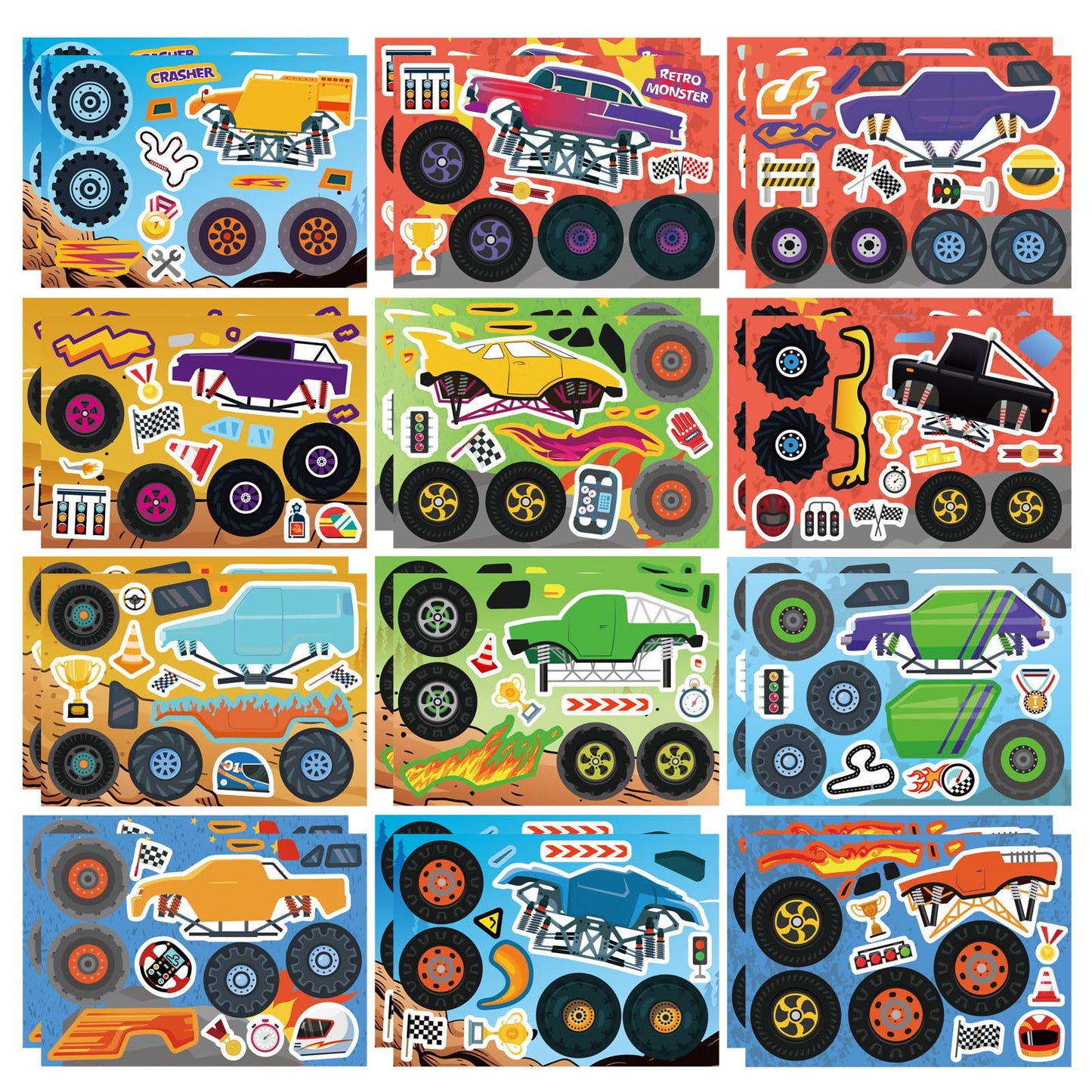DUJAA Monster Truck Stickers for Kids – 24 Sheets, 12 Designs, Premium Craft Pack