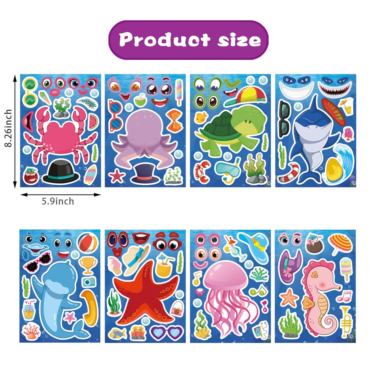 DUJAA 24 Sheets Ocean Stickers for Kids — Mix & Match Sea Creature Faces
