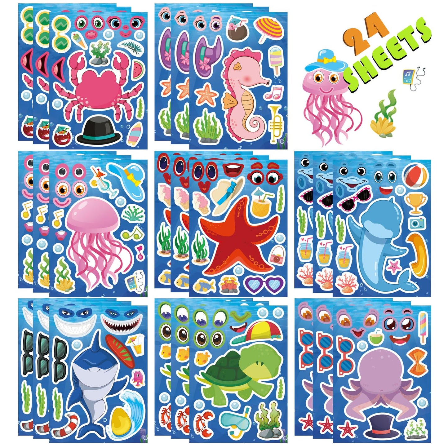 DUJAA 24 Sheets Ocean Stickers for Kids — Mix & Match Sea Creature Faces