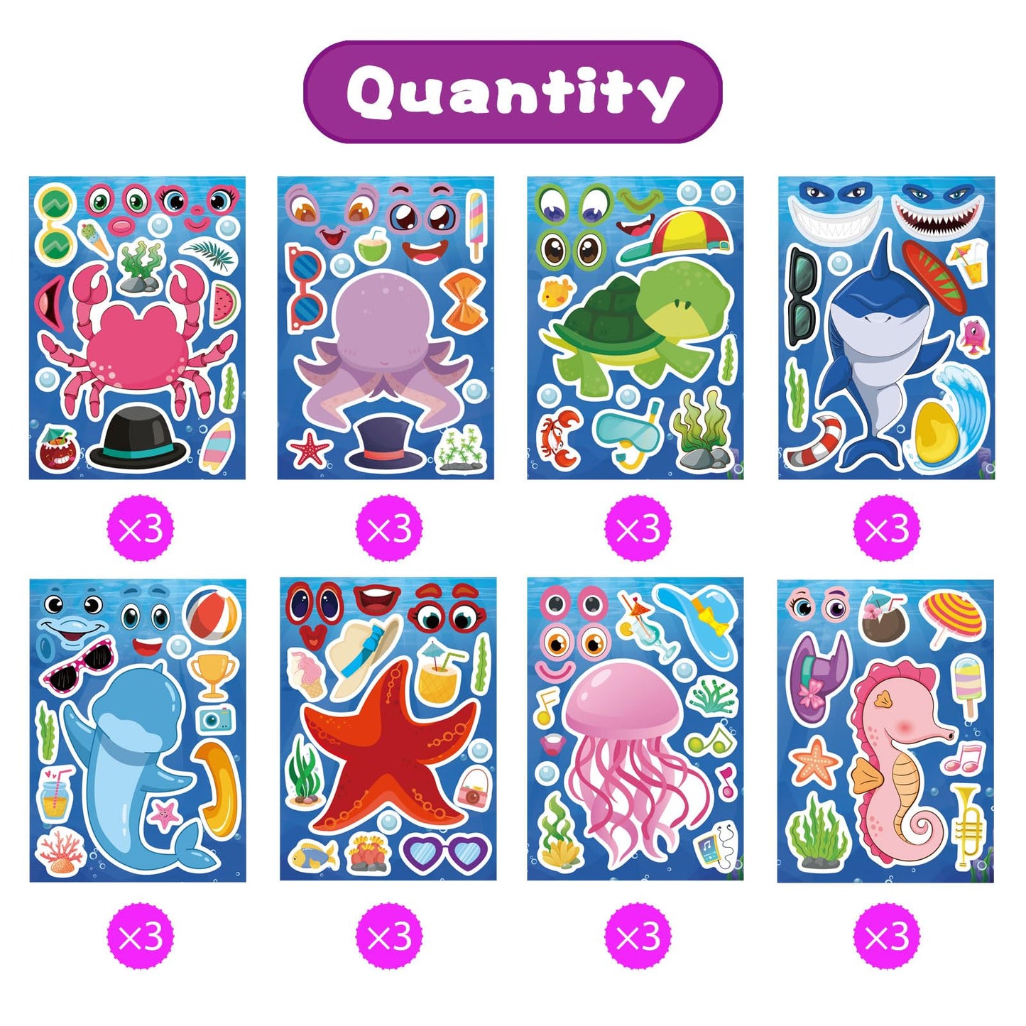 DUJAA 24 Sheets Ocean Stickers for Kids — Mix & Match Sea Creature Faces