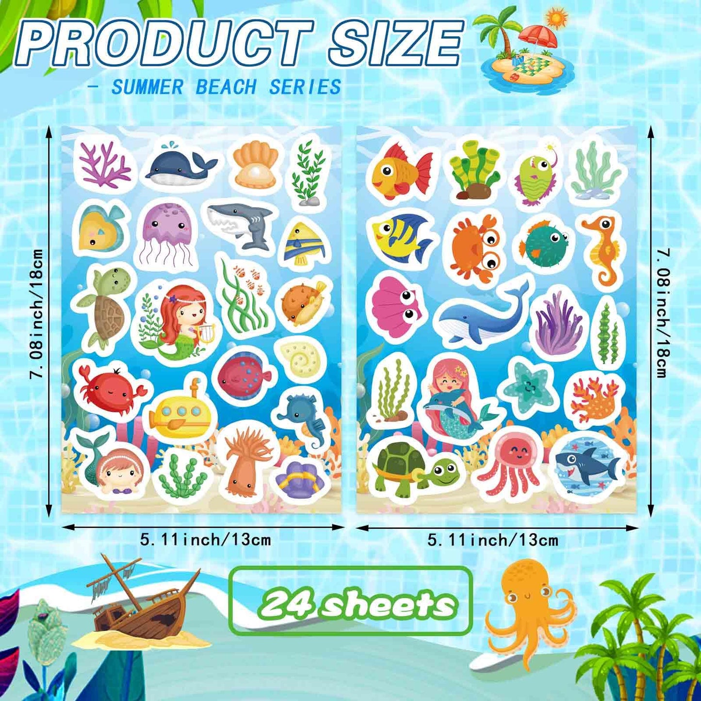 DUJAA 24 Sheets Ocean Stickers for Kids – Waterproof Sea Animals & Mermaid Set