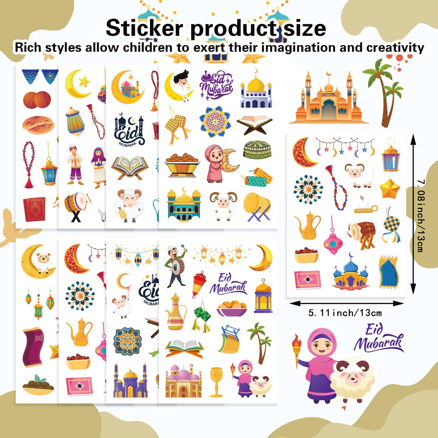 DUJAA 351PCS Eid Mubarak Theme Stickers – Ramadan Kareem Islamic Sticker Sheets for Kids