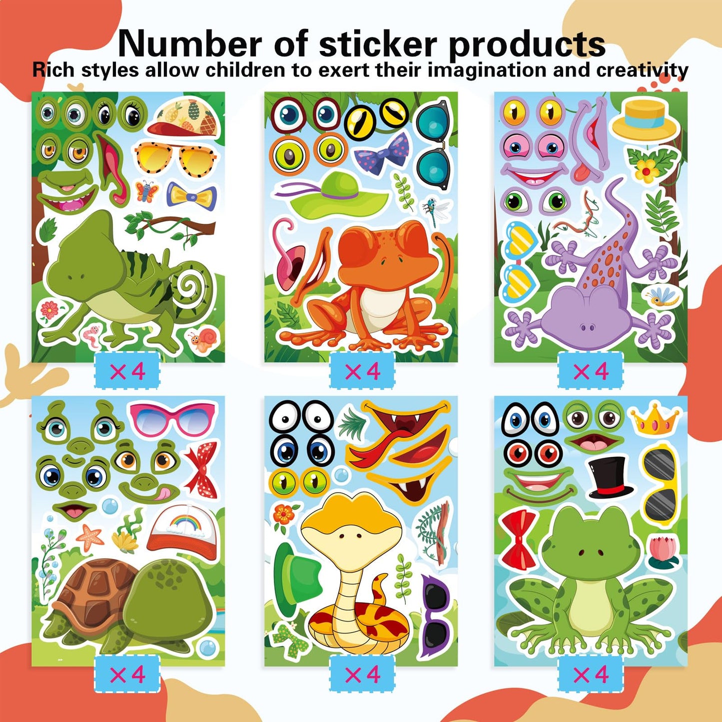 DUJAA 24 PCS Make-a-Face Sticker Kit for Kids | Reptile Mix & Match (Snakes, Lizards, Turtles)