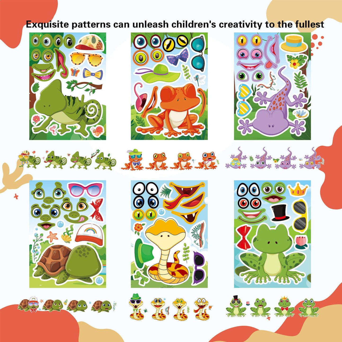 DUJAA 24 PCS Make-a-Face Sticker Kit for Kids | Reptile Mix & Match (Snakes, Lizards, Turtles)