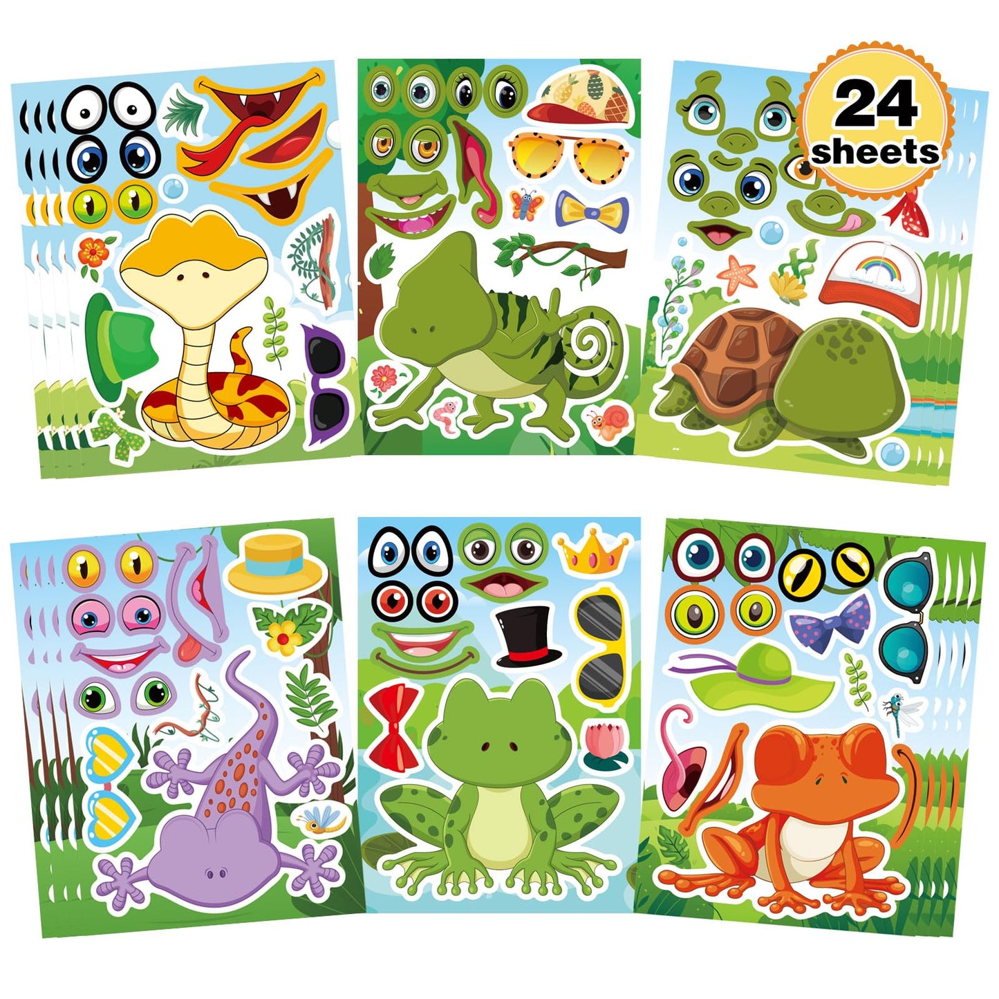 DUJAA 24 PCS Make-a-Face Sticker Kit for Kids | Reptile Mix & Match (Snakes, Lizards, Turtles)