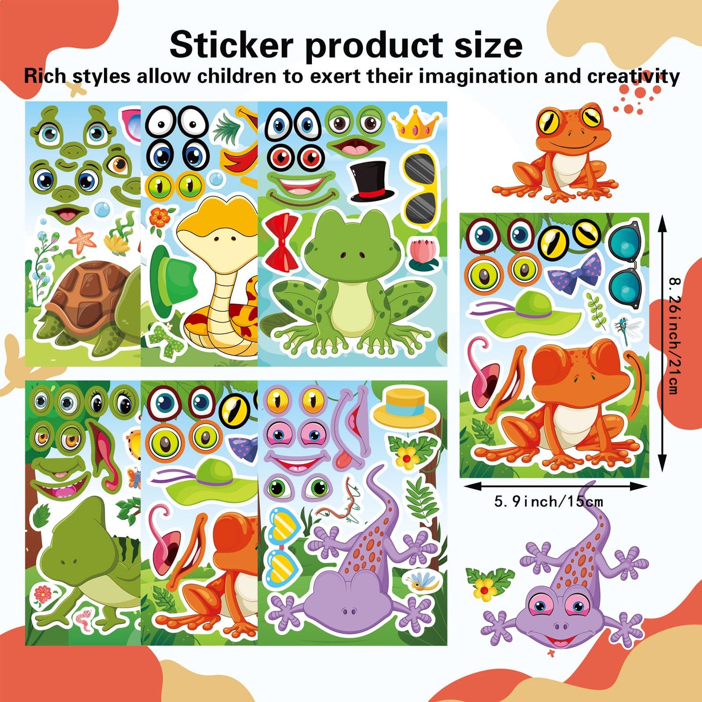 DUJAA 24 PCS Make-a-Face Sticker Kit for Kids | Reptile Mix & Match (Snakes, Lizards, Turtles)