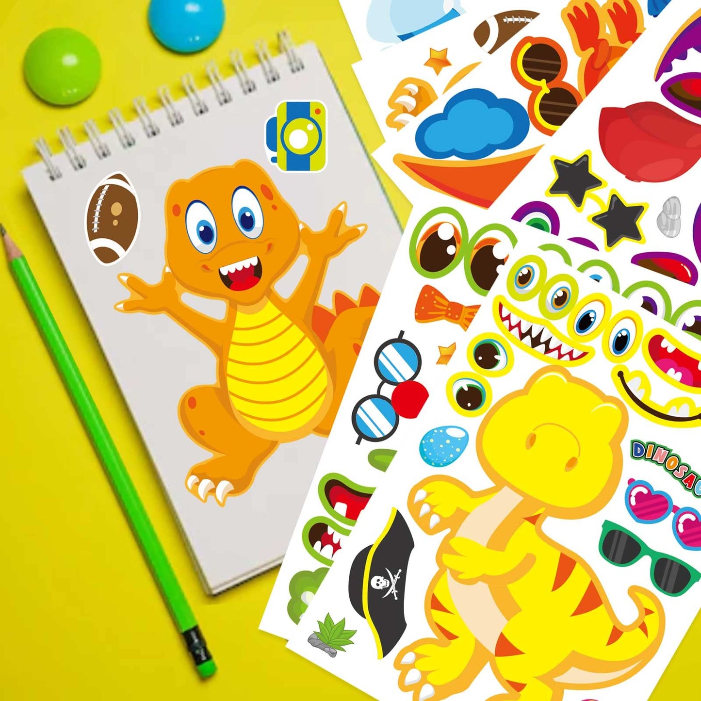 DUJAA 27-Sheet Dinosaur Stickers – DIY Dino Faces for Kids & Party Favors