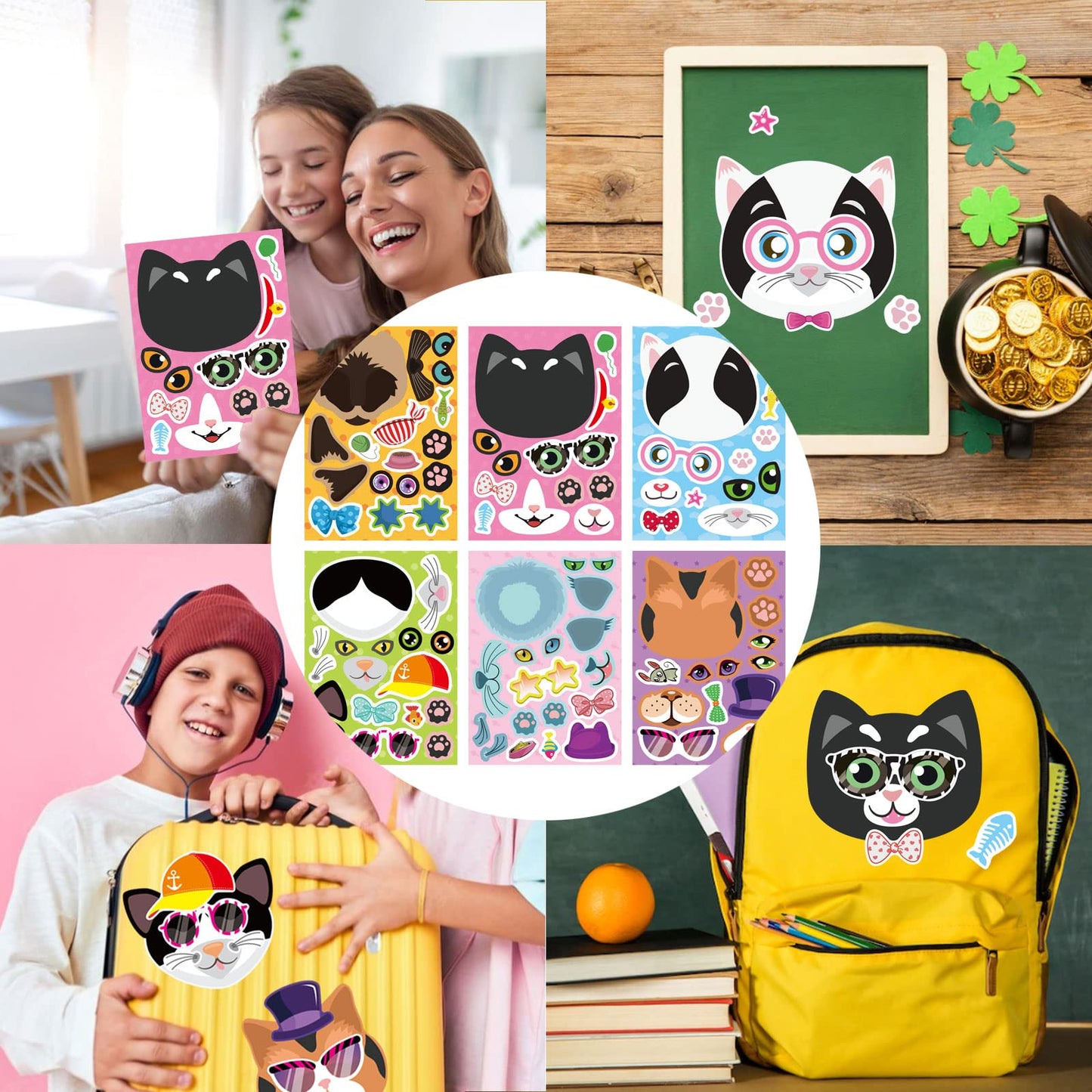 DUJAA 24 Cat Face Stickers – DIY Kitty Sticker Kit for Kids, Classroom, Gifts