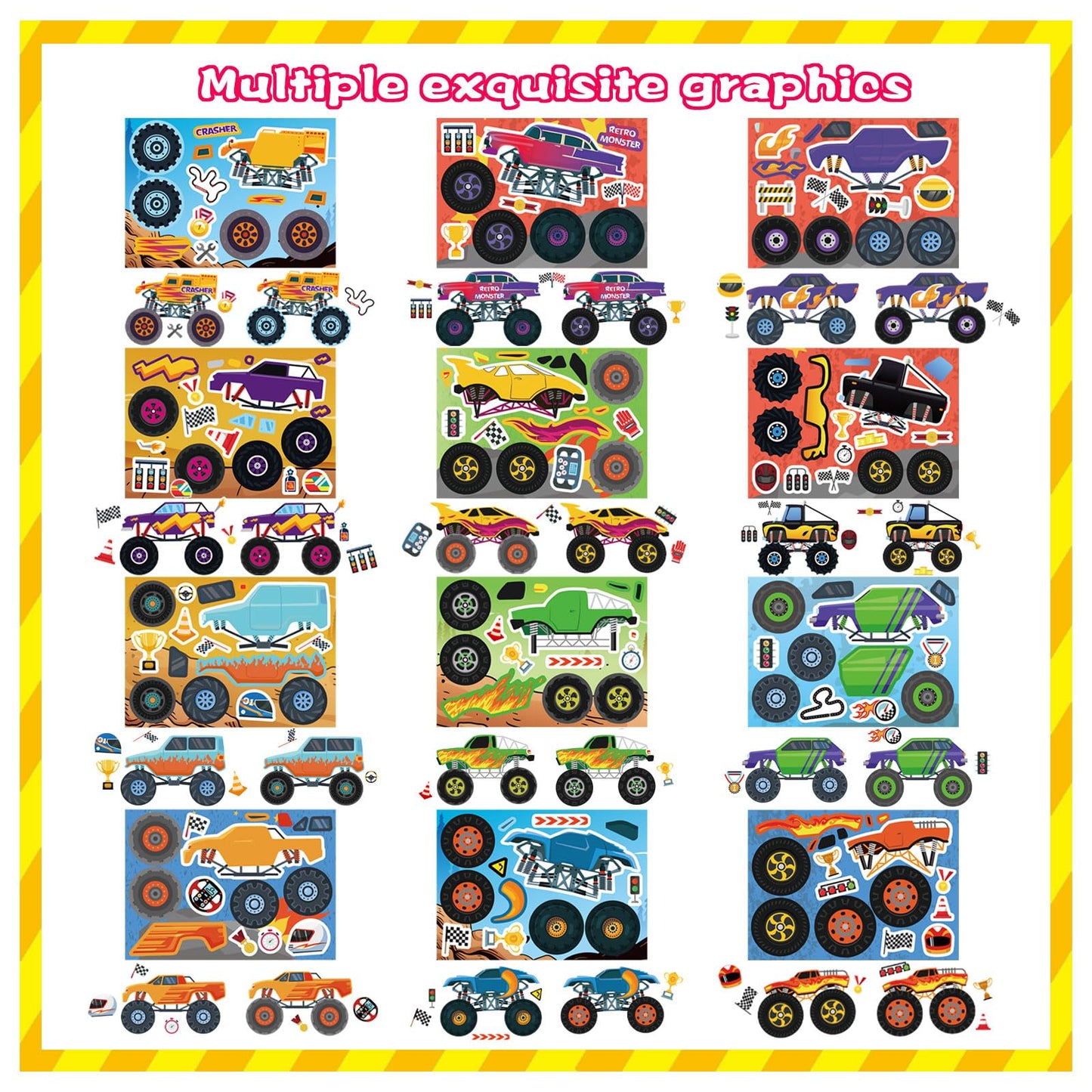 DUJAA Monster Truck Stickers for Kids – 24 Sheets, 12 Designs, Premium Craft Pack