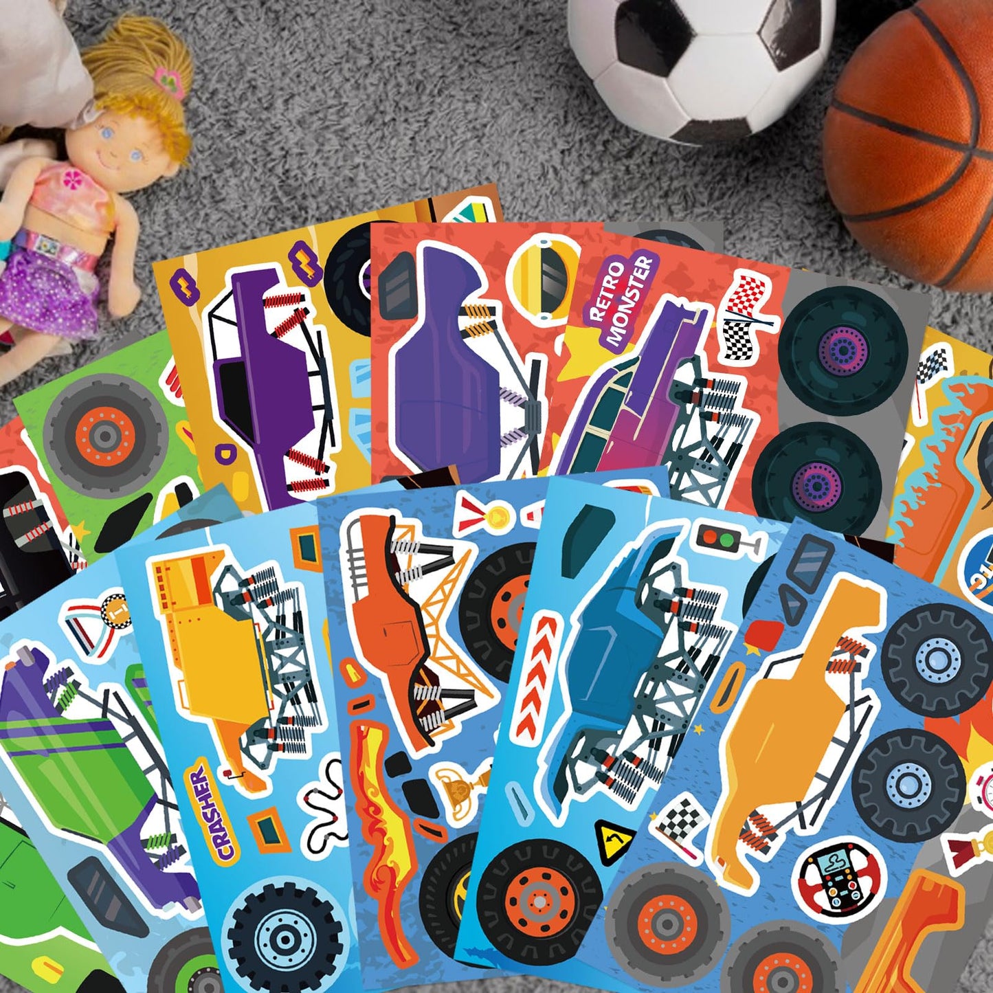 DUJAA Monster Truck Stickers for Kids – 24 Sheets, 12 Designs, Premium Craft Pack