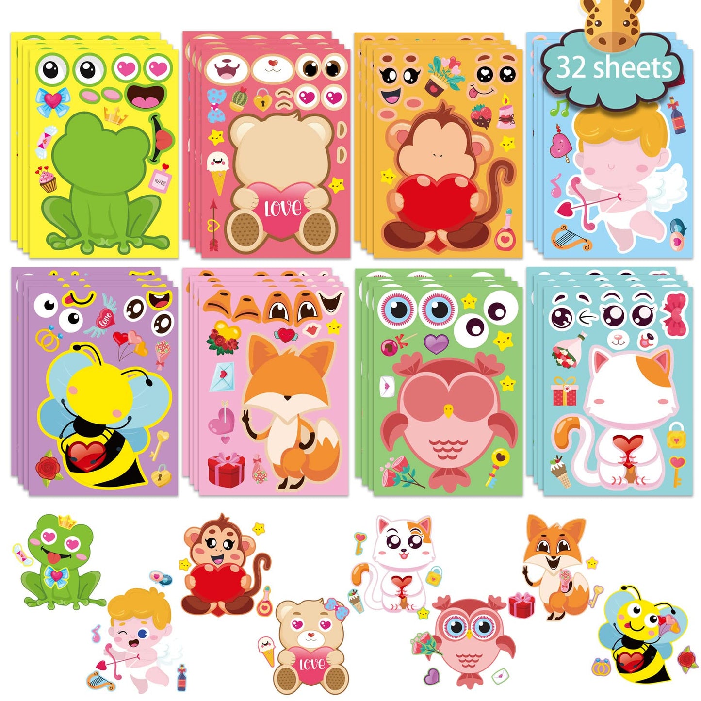 DUJAA 32 Sheets Valentine’s Day Make-a-Face Stickers — 8 Animal Designs for Kids