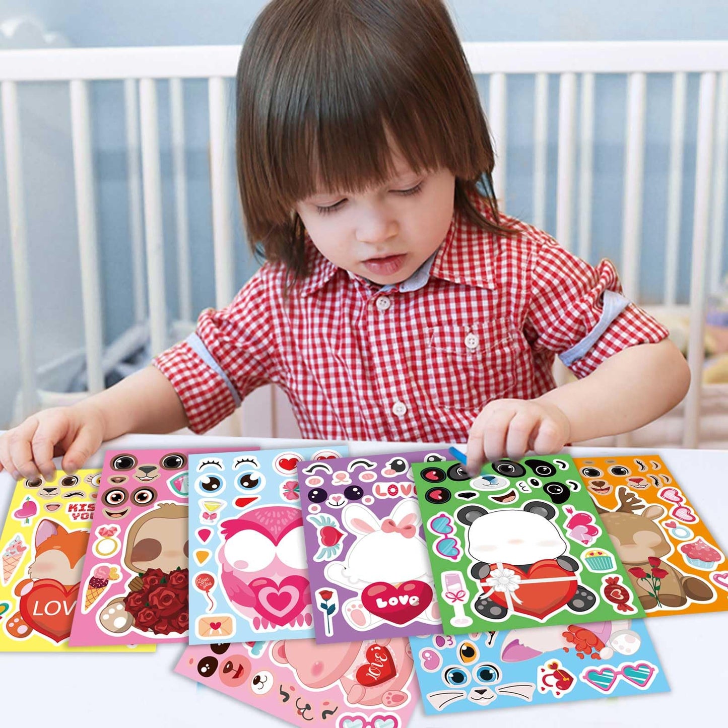 DUJAA 32 Sheets Valentine Stickers for Kids | Make Your Own Face Stickers (8 Animal Designs)