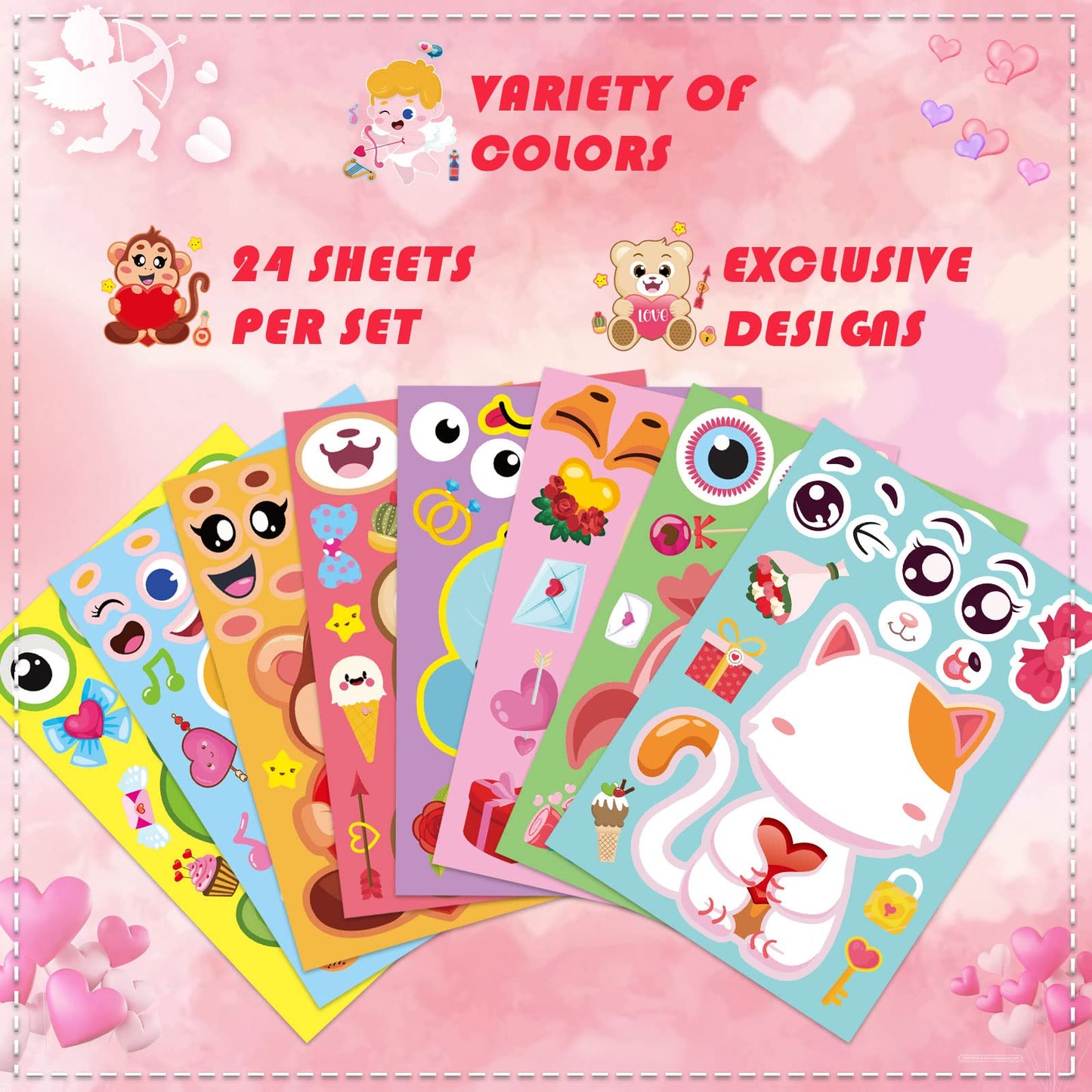 DUJAA 32 Sheets Valentine’s Day Make-a-Face Stickers — 8 Animal Designs for Kids