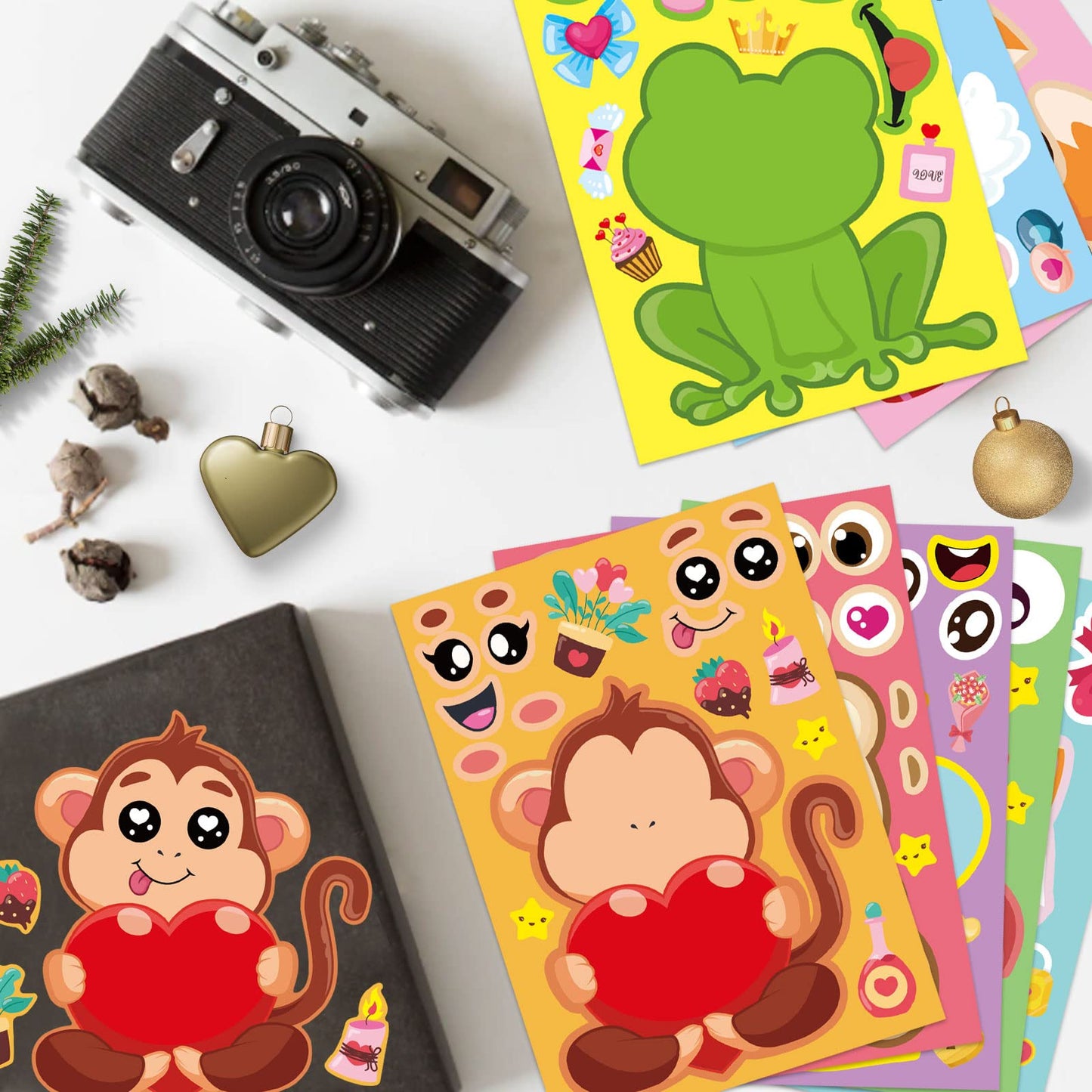 DUJAA 32 Sheets Valentine’s Day Make-a-Face Stickers — 8 Animal Designs for Kids