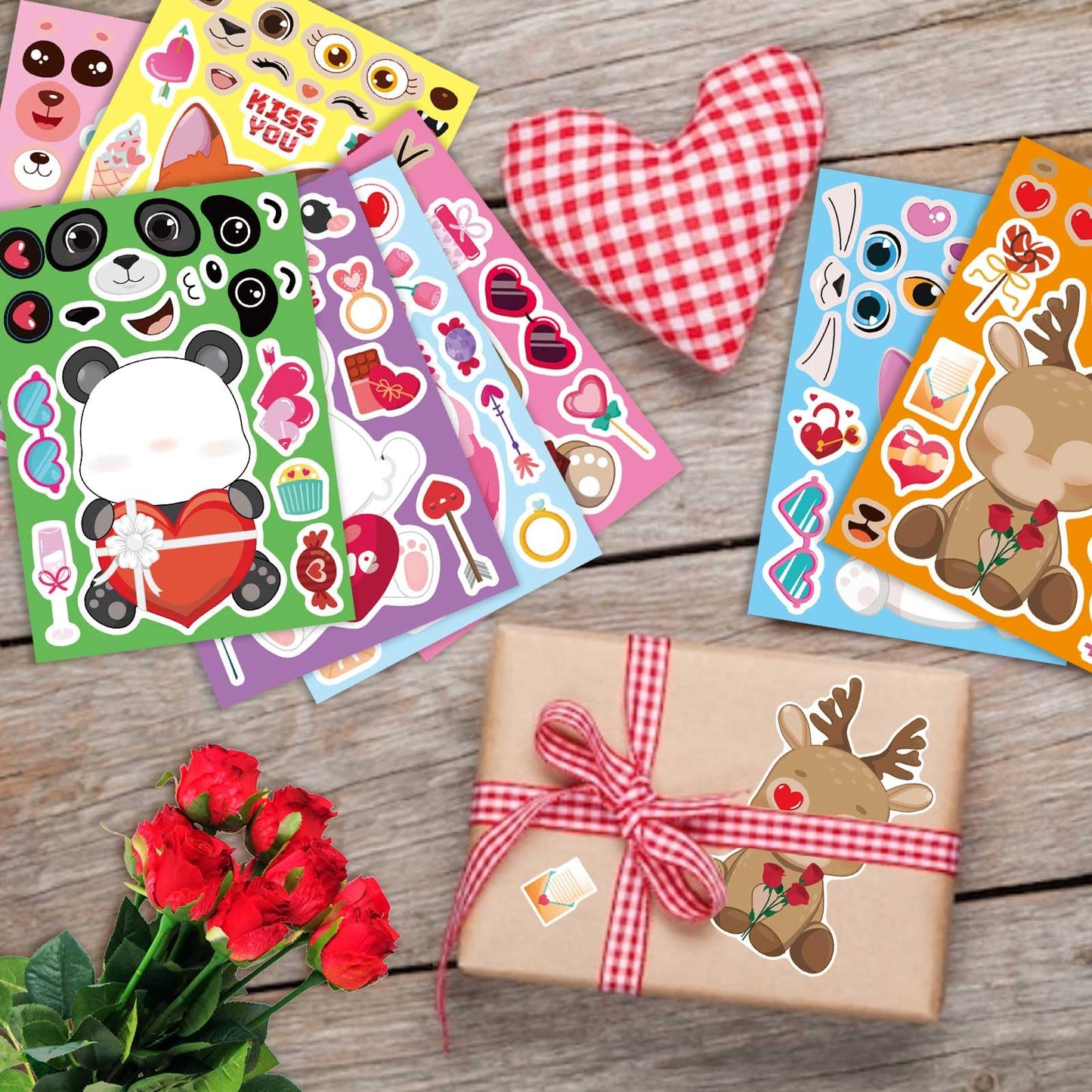 DUJAA 32 Sheets Valentine Stickers for Kids | Make Your Own Face Stickers (8 Animal Designs)