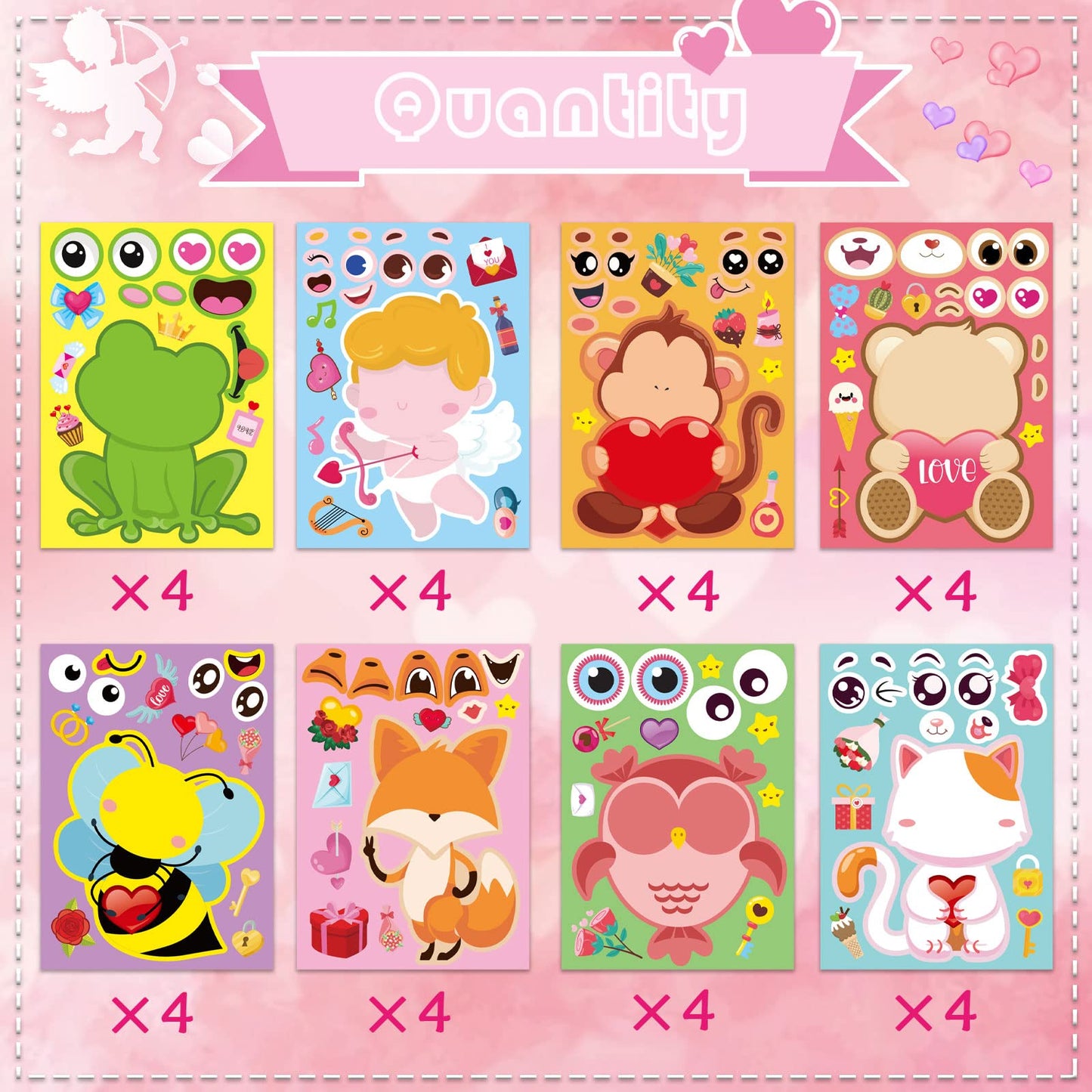DUJAA 32 Sheets Valentine’s Day Make-a-Face Stickers — 8 Animal Designs for Kids
