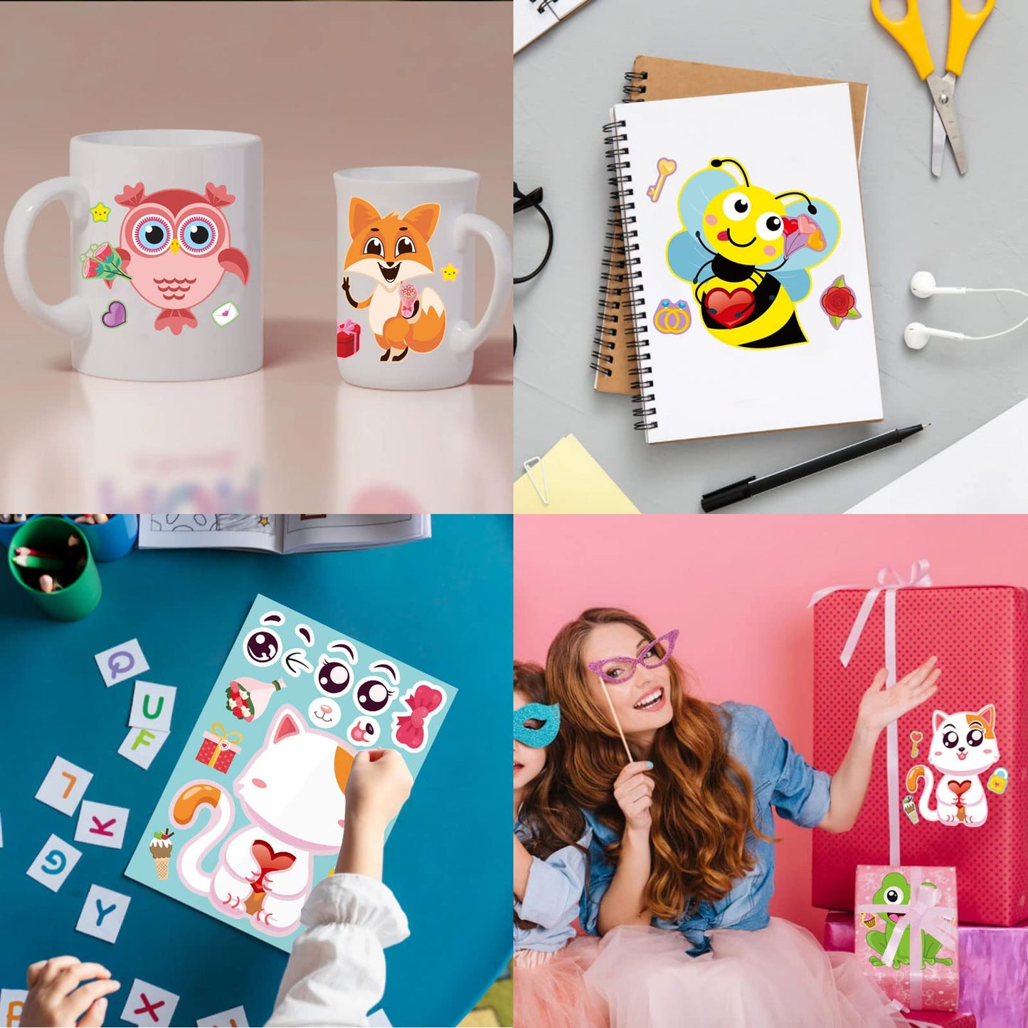 DUJAA 32 Sheets Valentine’s Day Make-a-Face Stickers — 8 Animal Designs for Kids