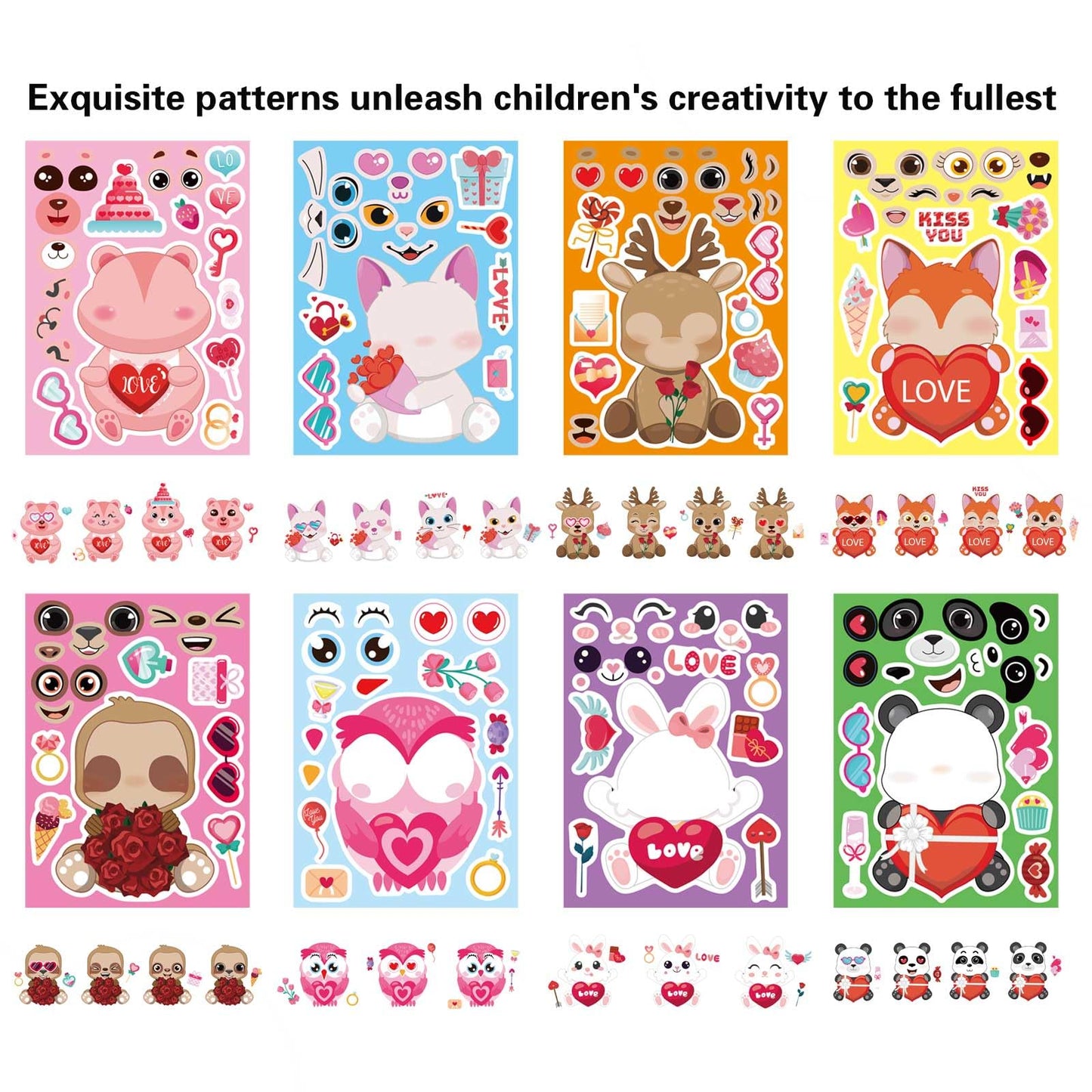 DUJAA 32 Sheets Valentine Stickers for Kids | Make Your Own Face Stickers (8 Animal Designs)
