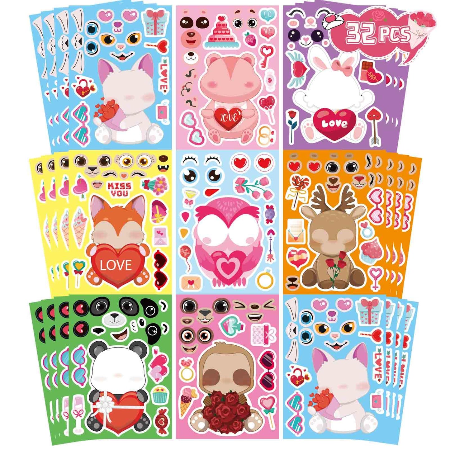 DUJAA 32 Sheets Valentine Stickers for Kids | Make Your Own Face Stickers (8 Animal Designs)