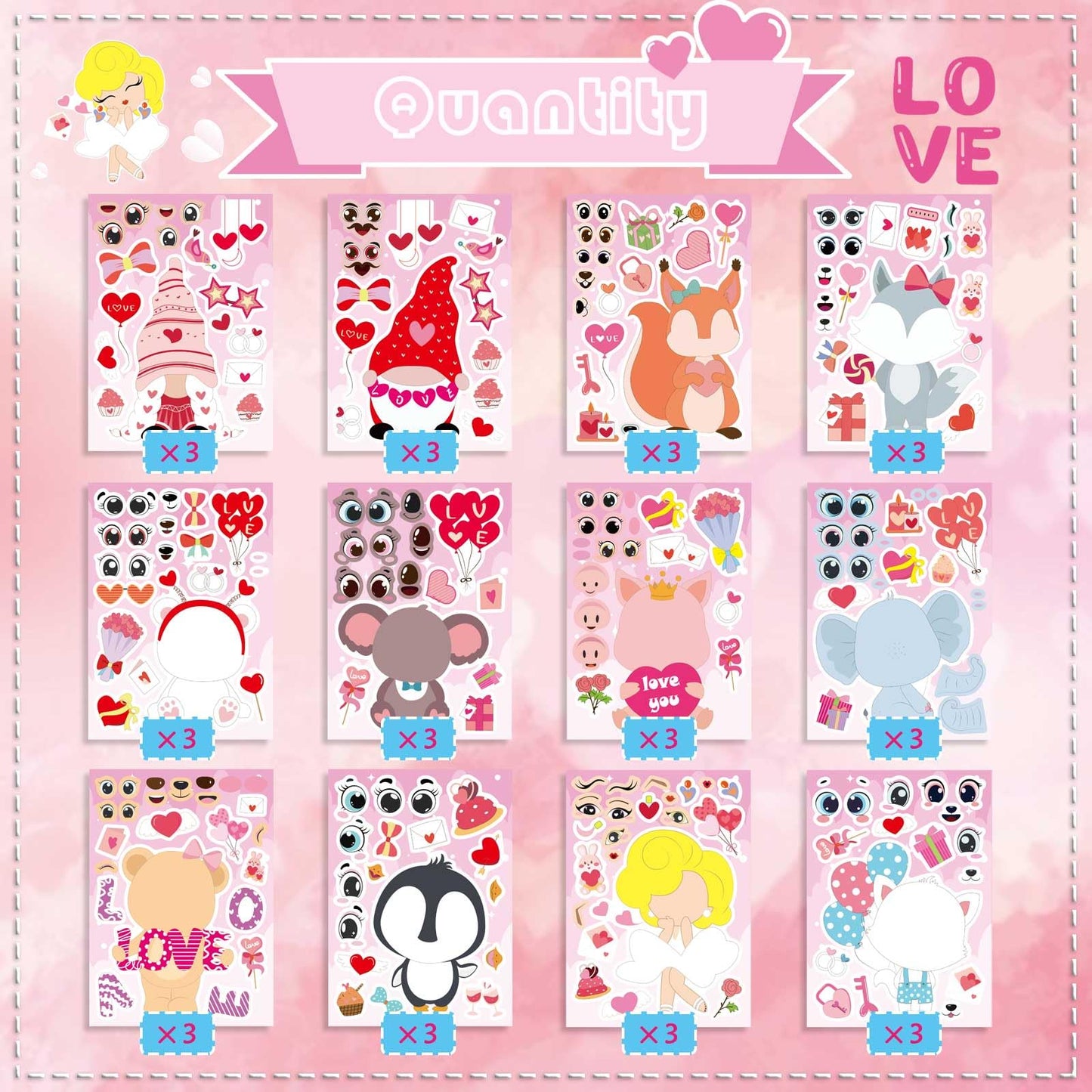 DUJAA 36 PCS Valentine's Day Stickers for Kids | 12 Designs Bear, Penguin, Elephant & More