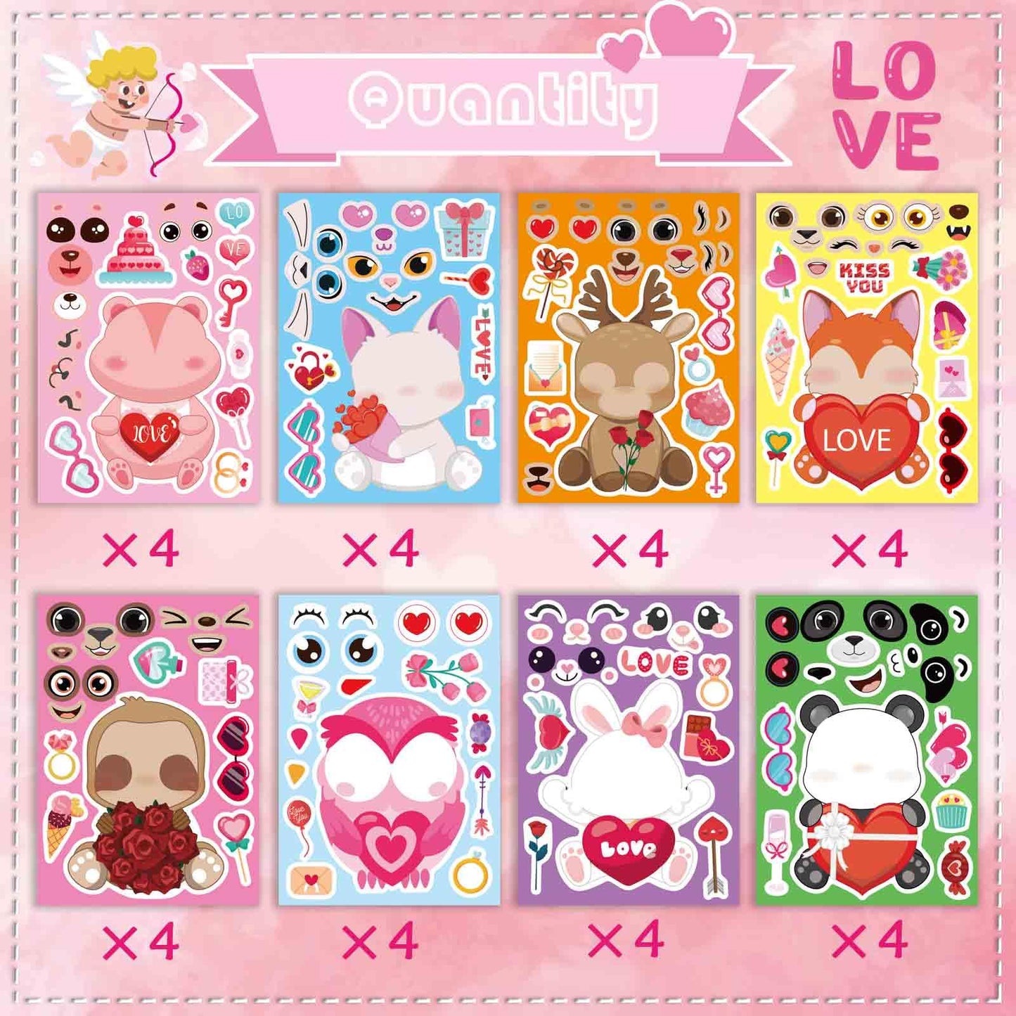DUJAA 32 Sheets Valentine Stickers for Kids | Make Your Own Face Stickers (8 Animal Designs)