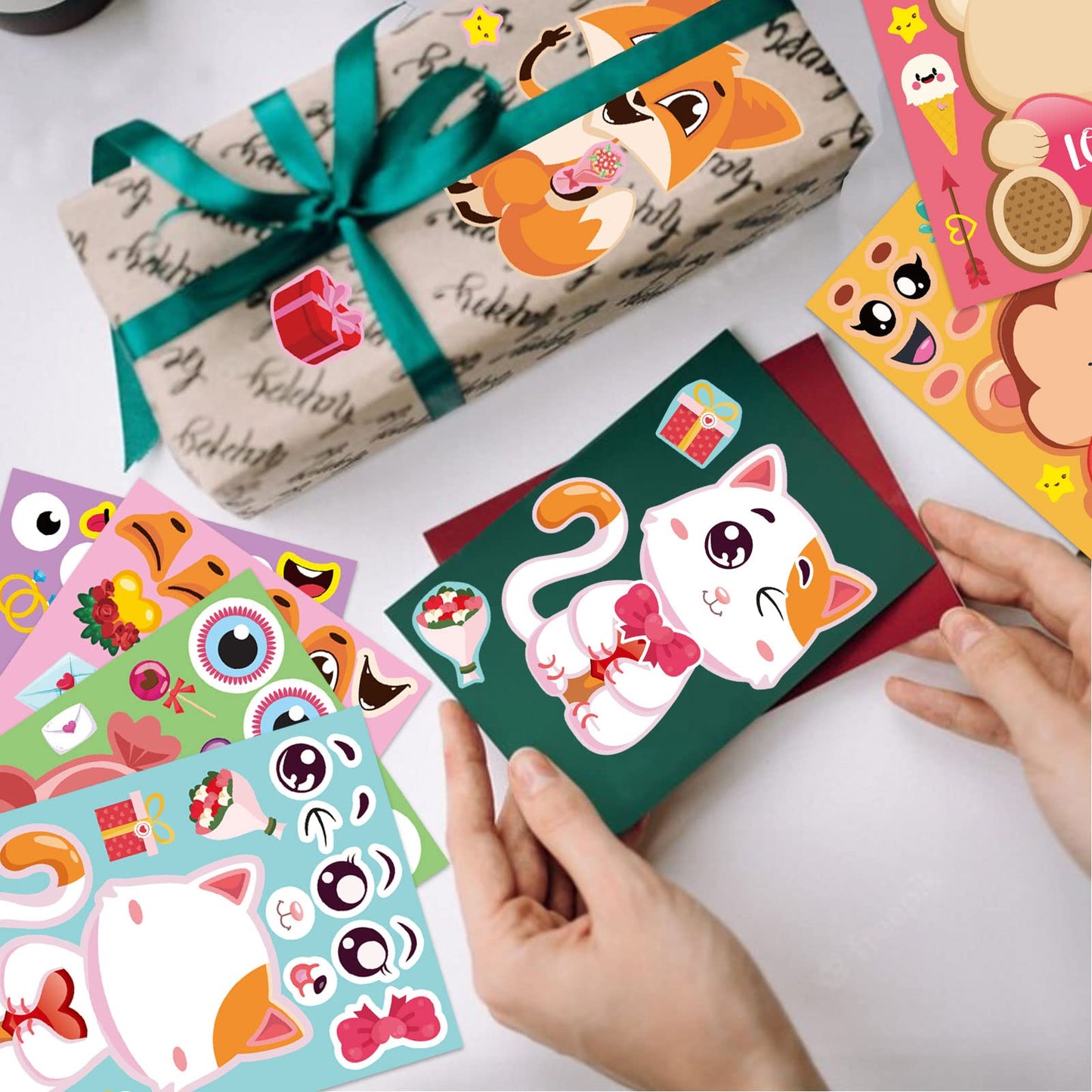 DUJAA 32 Sheets Valentine’s Day Make-a-Face Stickers — 8 Animal Designs for Kids