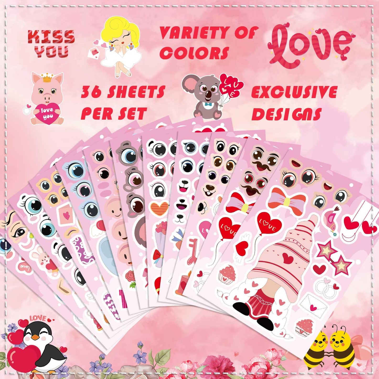 DUJAA 36 PCS Valentine's Day Stickers for Kids | 12 Designs Bear, Penguin, Elephant & More