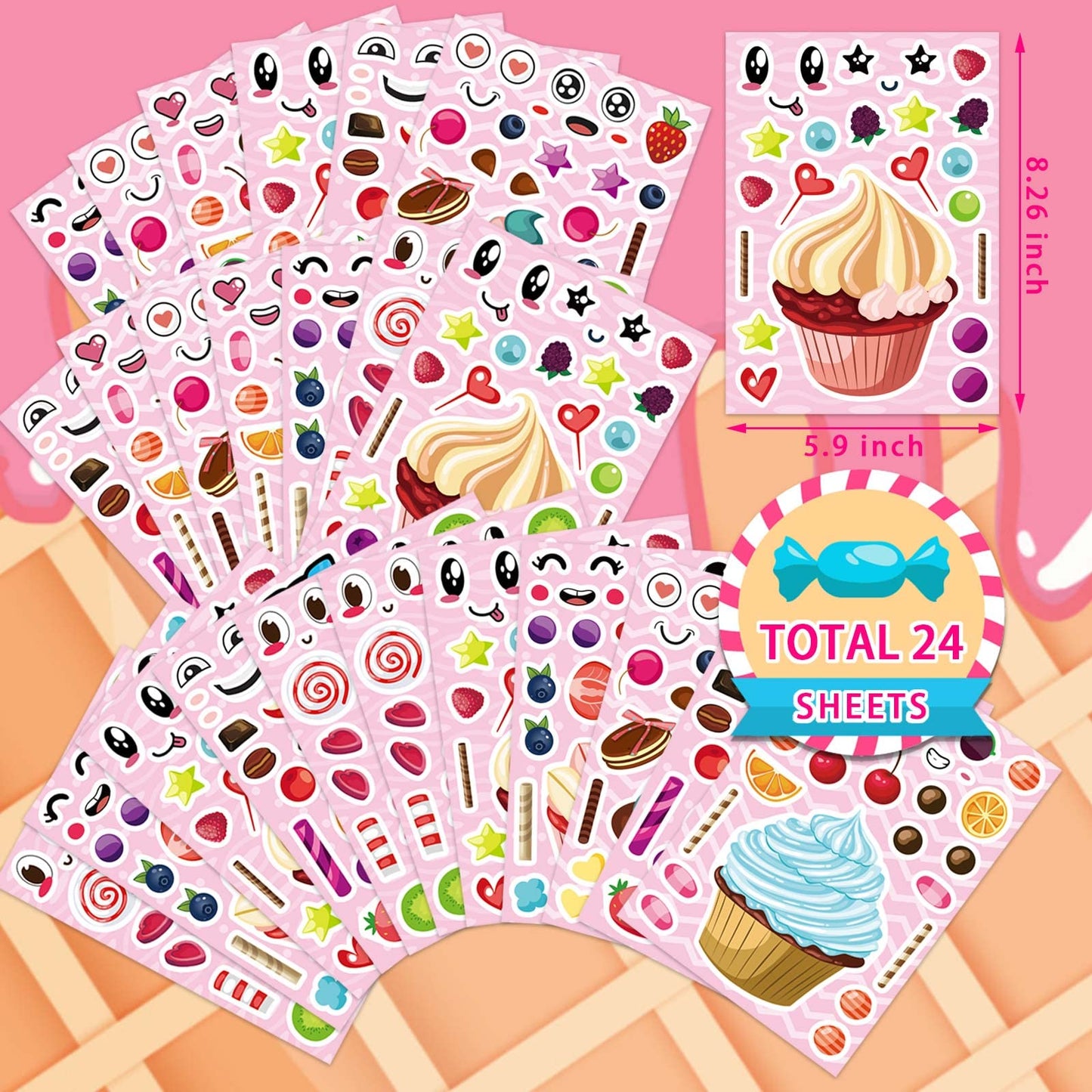 DUJAA 24 Sheets Make-a-face Cupcake Stickers – DIY Dessert Stickers for Kids and Party Favors