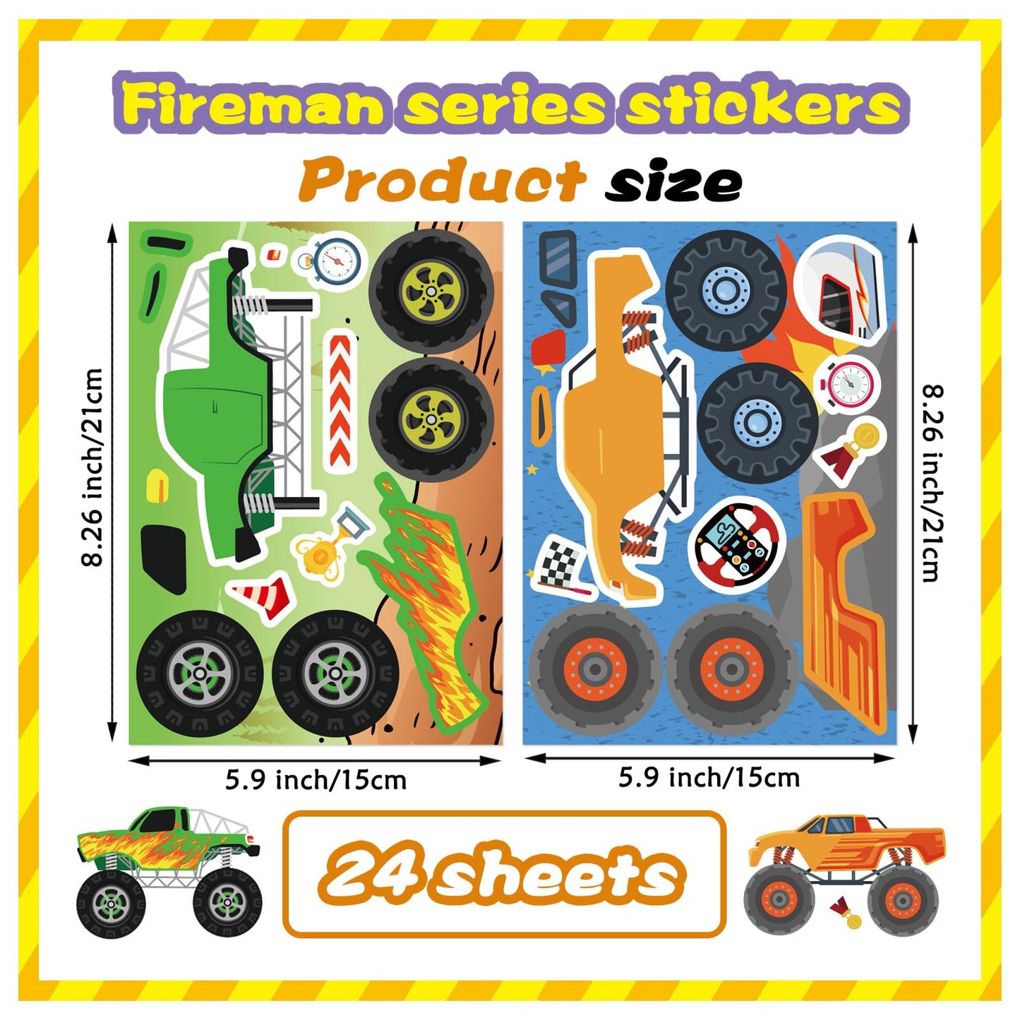 DUJAA Monster Truck Stickers for Kids – 24 Sheets, 12 Designs, Premium Craft Pack