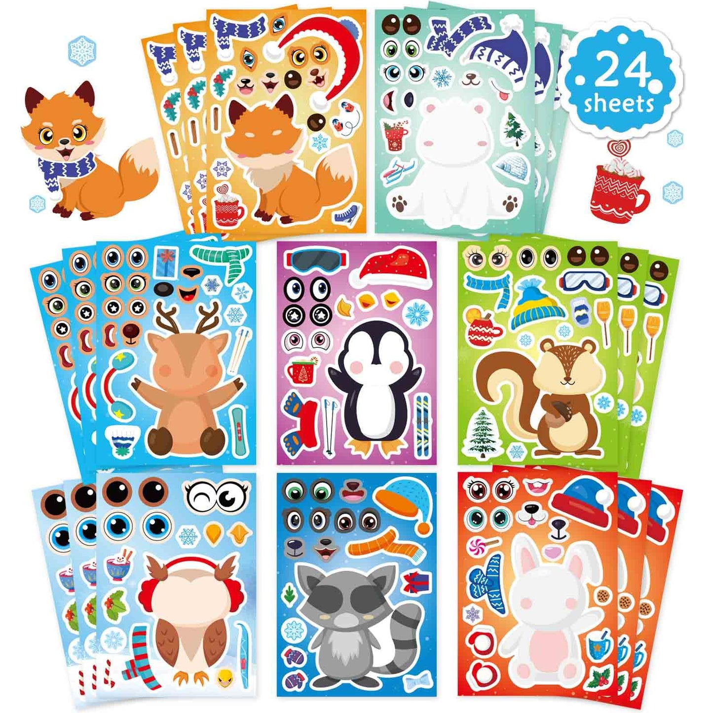 DUJAA 24 Sheets Winter Stickers for Kids — Make-Your-Own Winter Animals & Holiday Decor