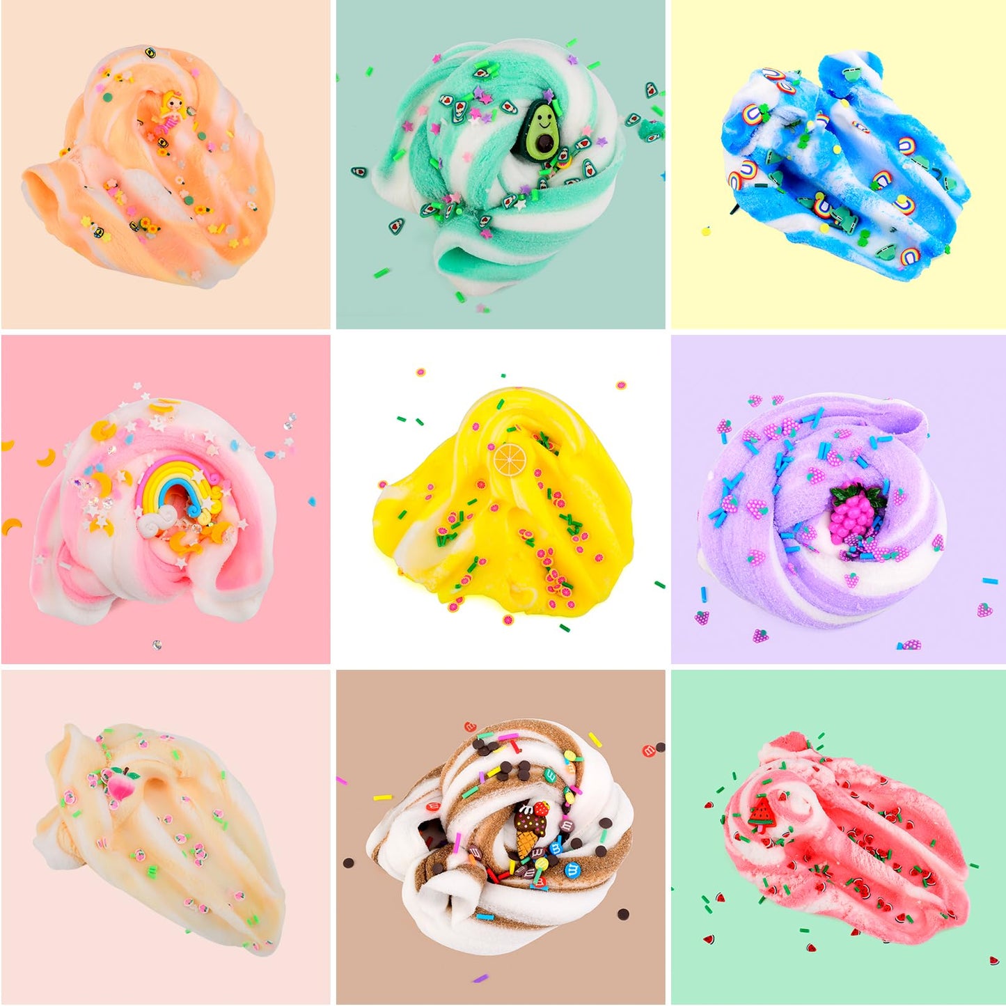 DUJUANHUA Cloud Slime Kit – 9 Colorful Scented Slimes with Charms for Kids