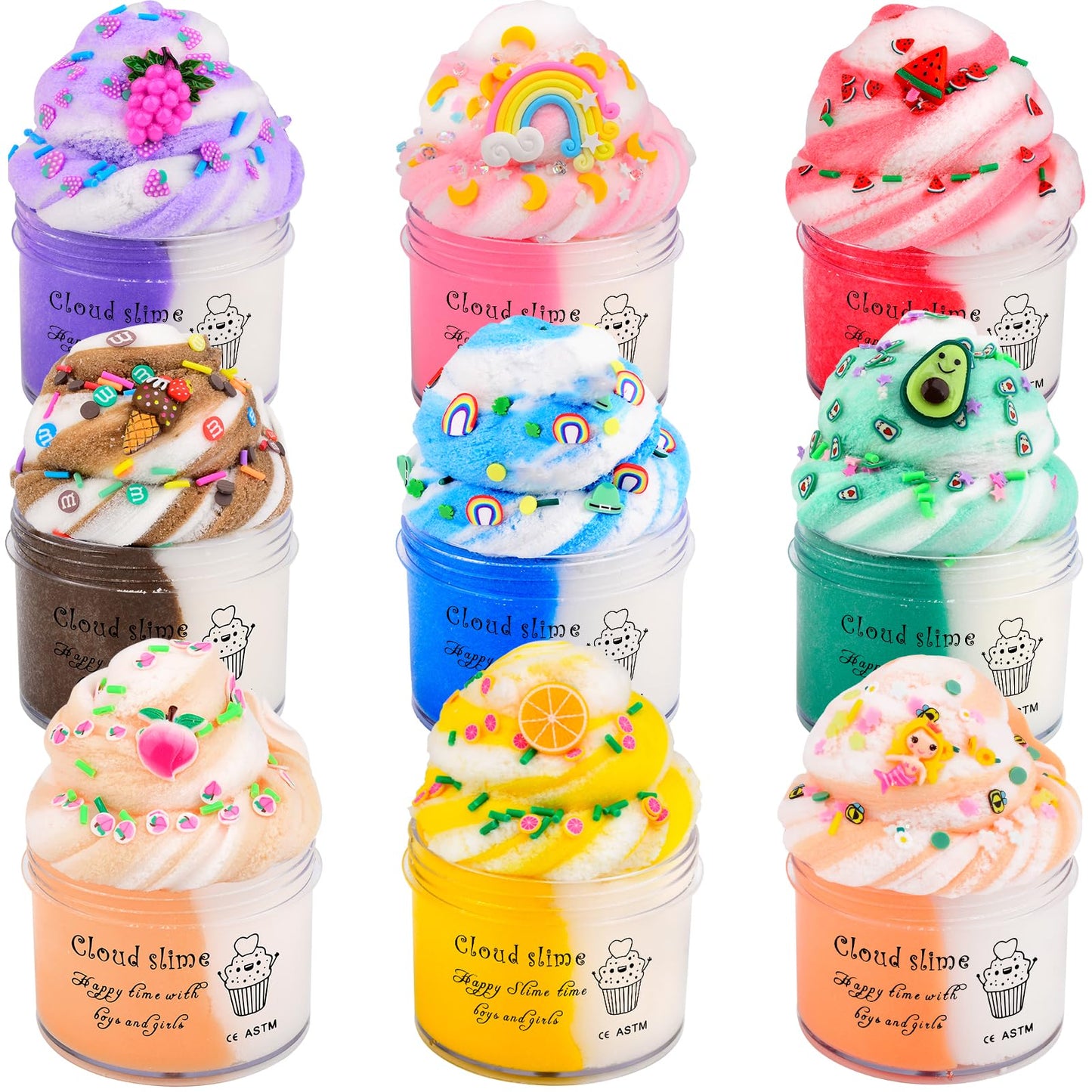 DUJUANHUA Cloud Slime Kit – 9 Colorful Scented Slimes with Charms for Kids