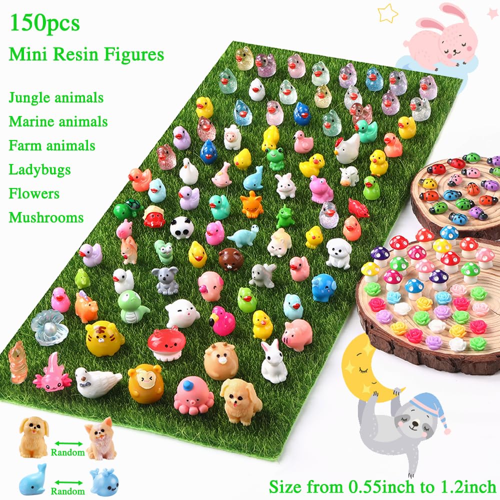 DULEFUN 150pcs Mini Resin Animals | Colorful Tiny Figures for Dollhouse & Fairy Garden