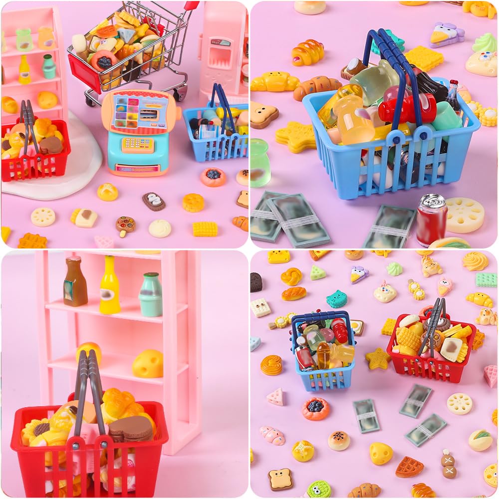 DULEFUN 143pcs Mini Shopping Cart & Dollhouse Store Set – Pretend Play Toys