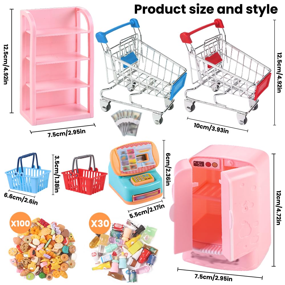 DULEFUN 143pcs Mini Shopping Cart & Dollhouse Store Set – Pretend Play Toys