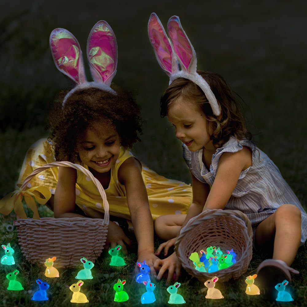 DULEFUN 70pcs Easter Luminous Mini Resin Bunnies – Glow in the Dark Decor