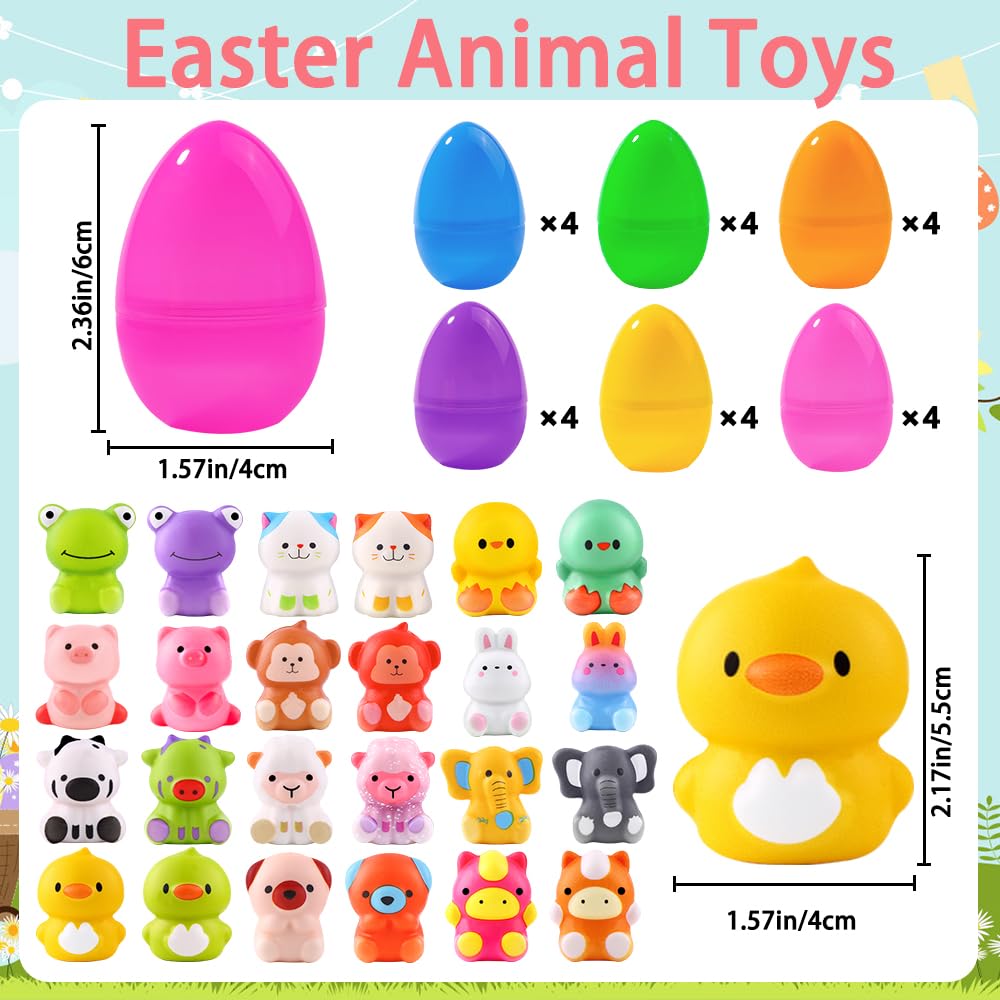 DULEFUN 24pcs Prefilled Easter Eggs with Animal Squishy Toys | Party Favors & Basket Stuffers
