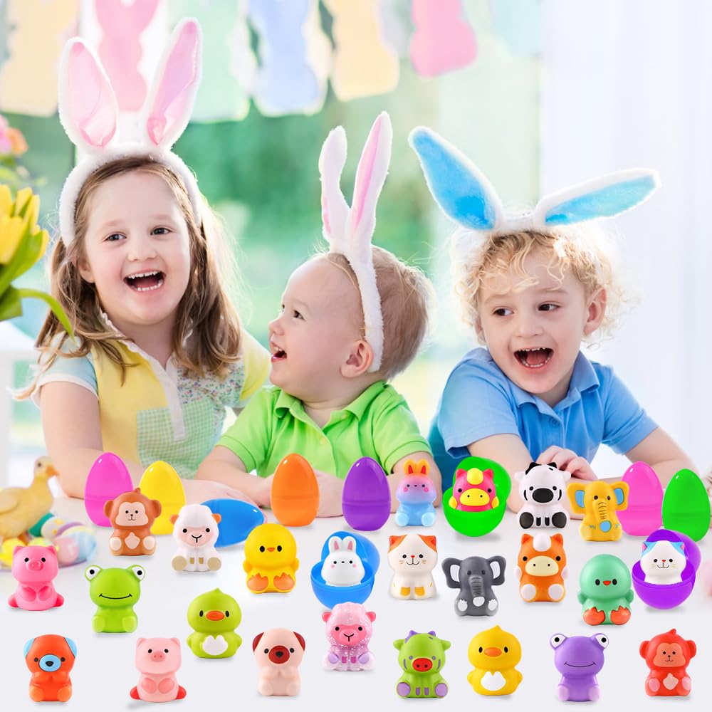 DULEFUN 24pcs Prefilled Easter Eggs with Animal Squishy Toys | Party Favors & Basket Stuffers
