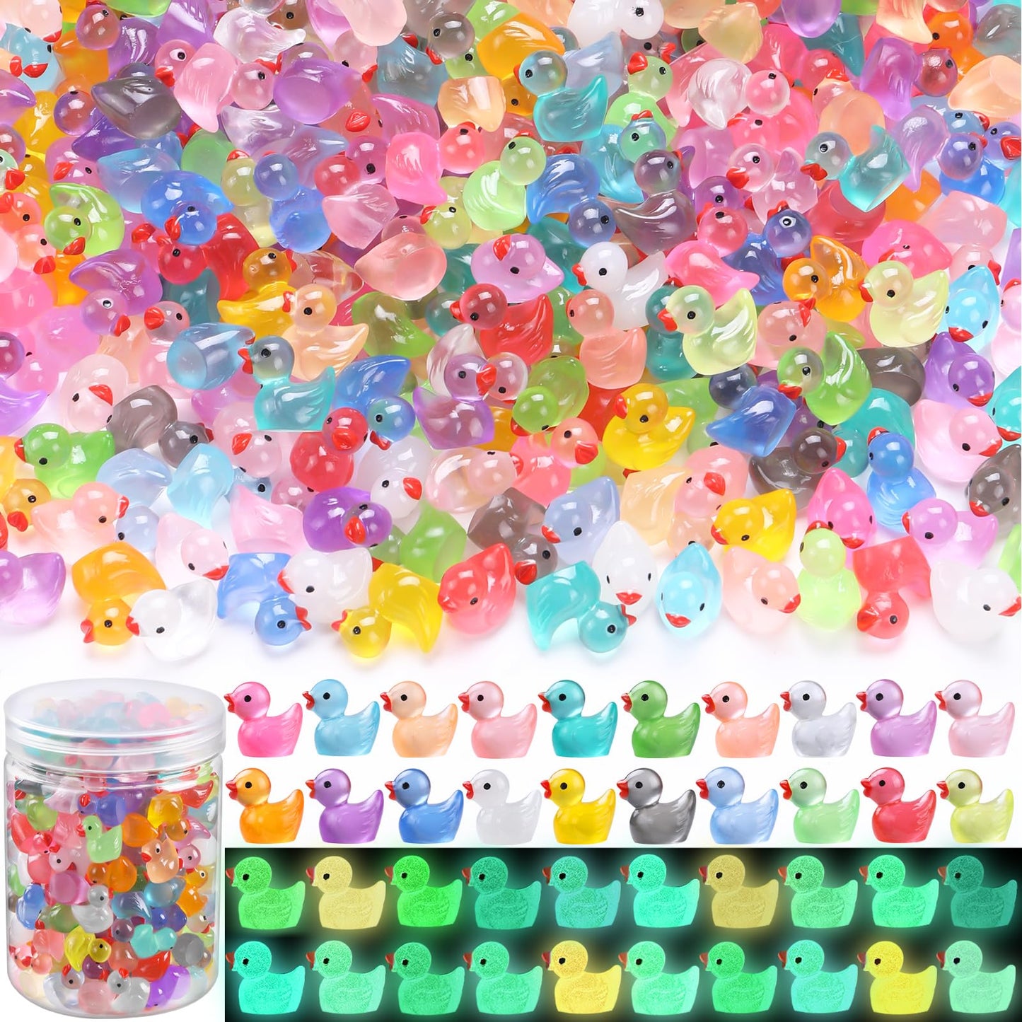 DULEFUN 200pcs Luminous Mini Resin Ducks – Glow in the Dark Dollhouse & Craft Decor
