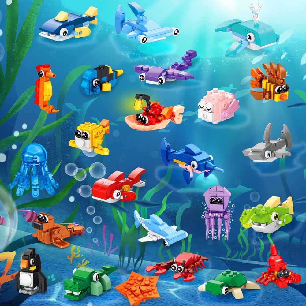 DULEFUN 25pc Marine Animal Building Blocks – Party Favors & Classroom Prizes