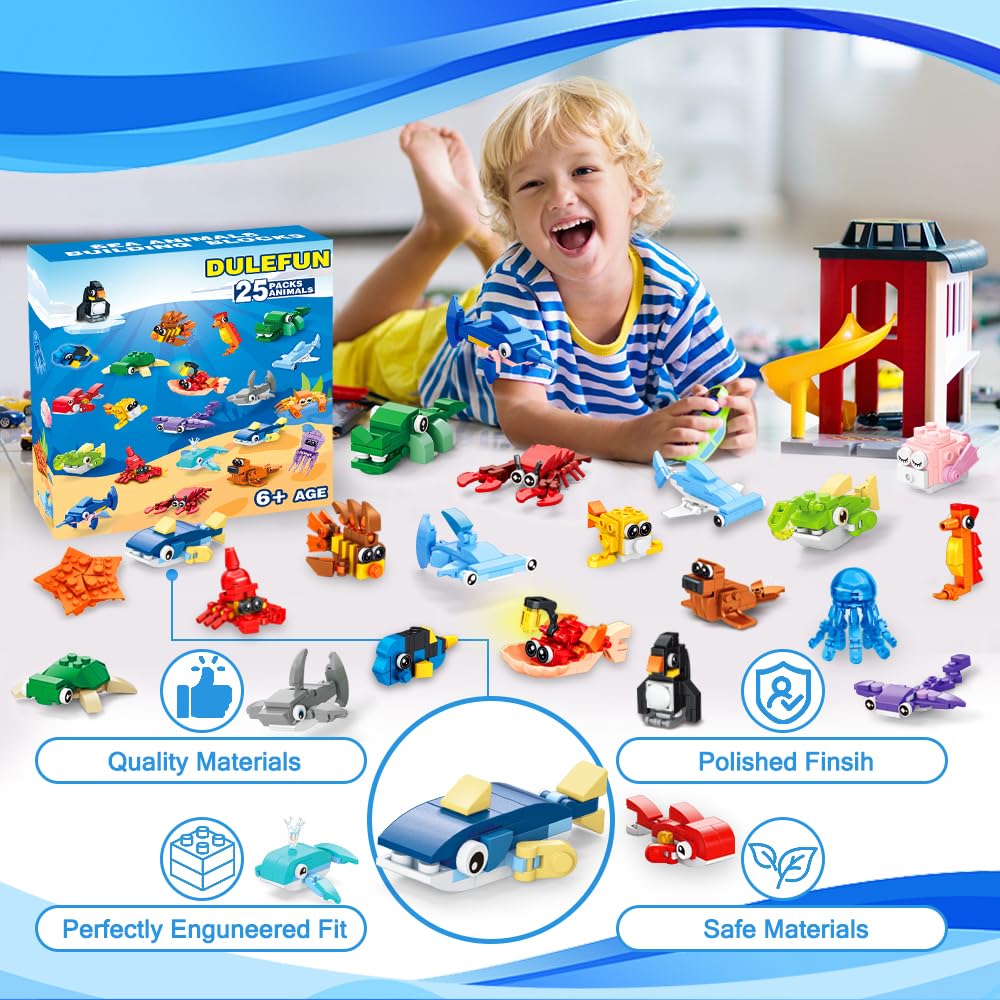 DULEFUN 25pc Marine Animal Building Blocks – Party Favors & Classroom Prizes