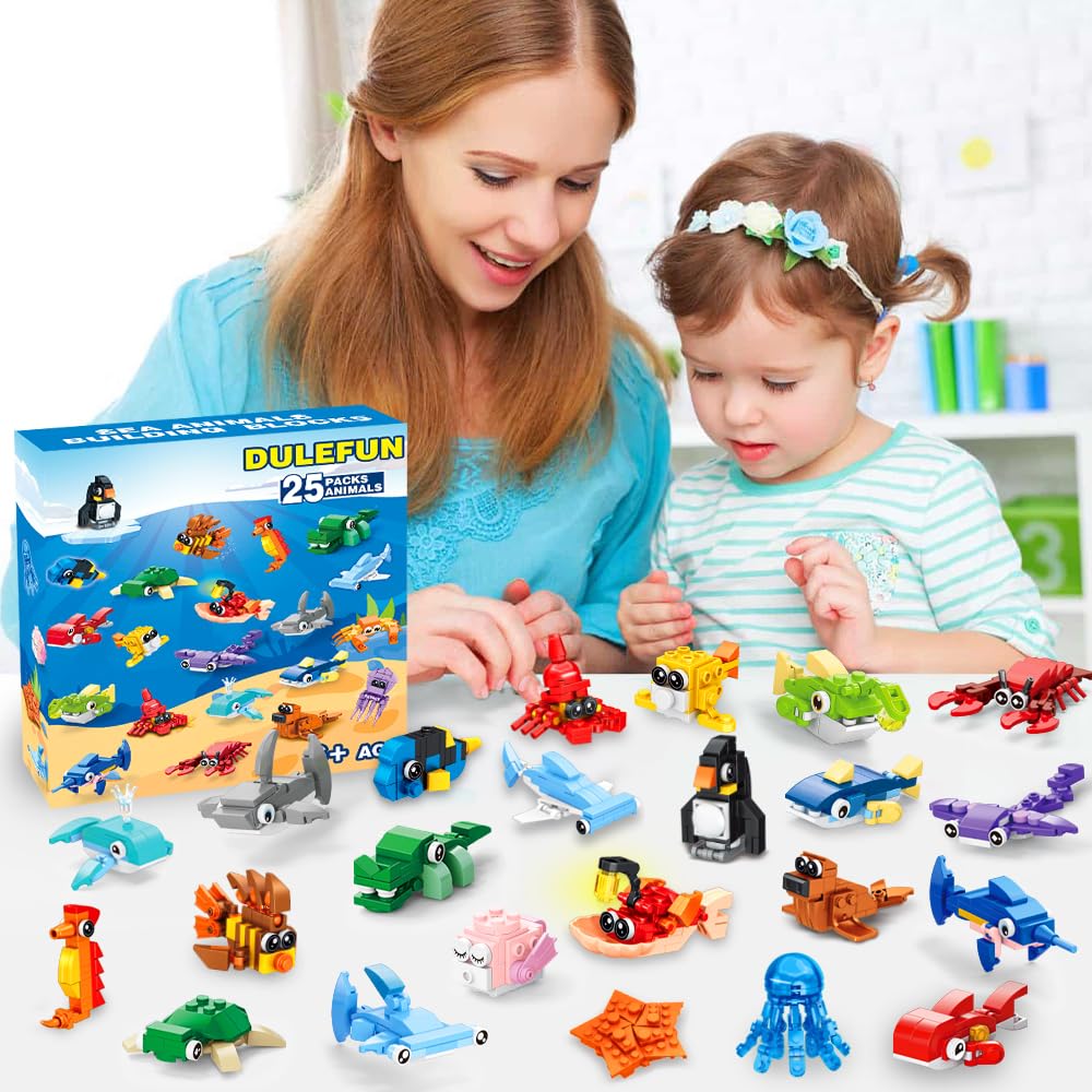 DULEFUN 25pc Marine Animal Building Blocks – Party Favors & Classroom Prizes