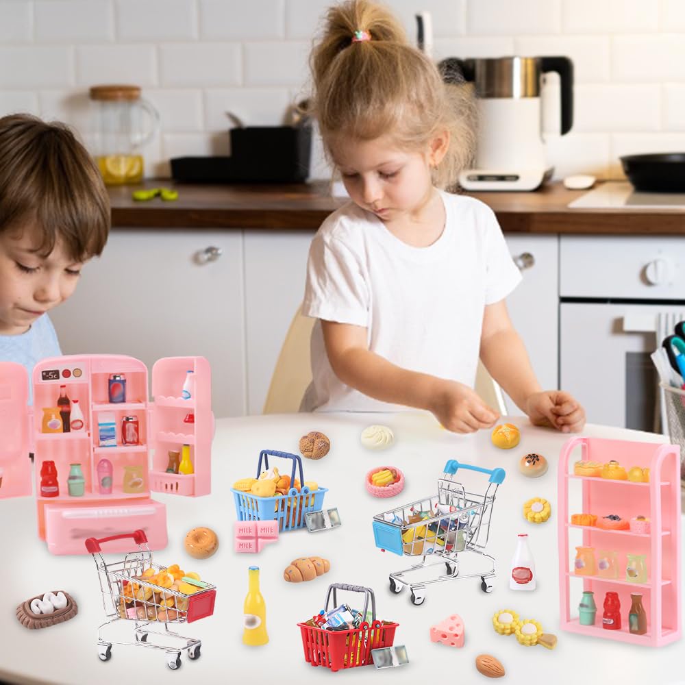 DULEFUN 143pcs Mini Shopping Cart & Dollhouse Store Set – Pretend Play Toys