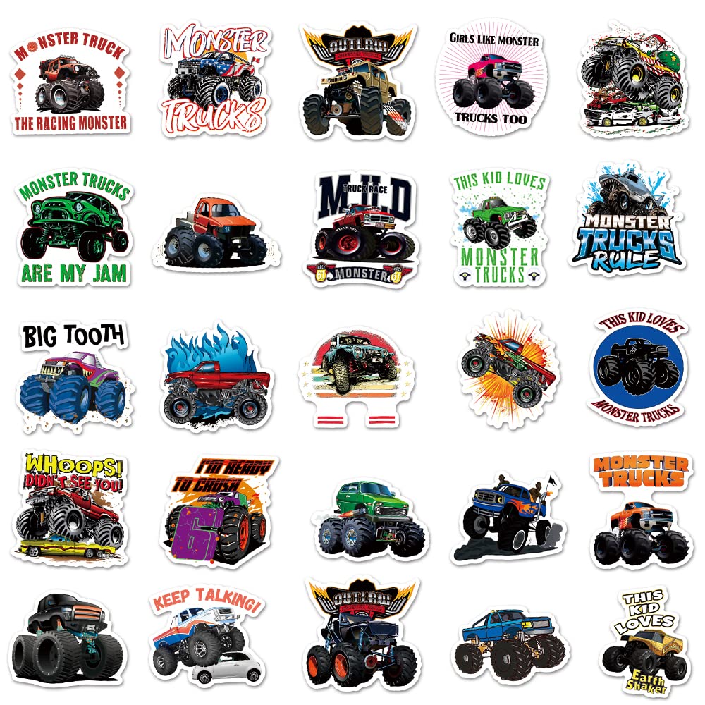 DULEFUN 50PCS Monster Truck Stickers – Waterproof Kids Sticker Pack for Water Bottles, Laptops, and More