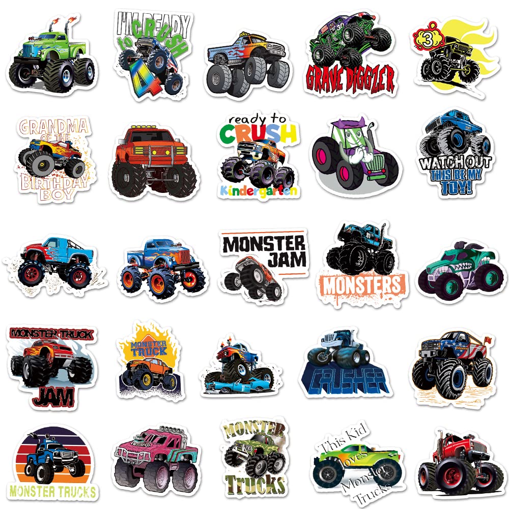 DULEFUN 50PCS Monster Truck Stickers – Waterproof Kids Sticker Pack for Water Bottles, Laptops, and More