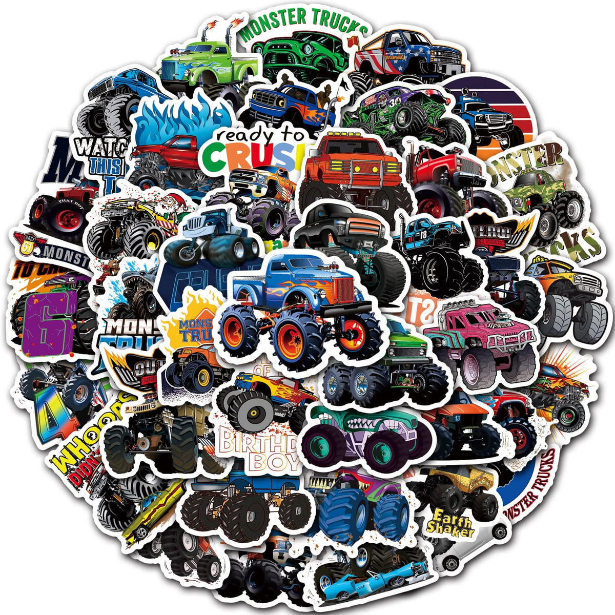 DULEFUN 50PCS Monster Truck Stickers – Waterproof Kids Sticker Pack for Water Bottles, Laptops, and More
